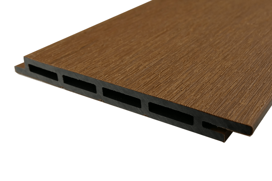 Fassadenverkleidung aus WPC Coextrusion, 13 mm (S) x 130 mm (B / Deckbreite), TEAK, Länge 2,9 m, Oberfläche: gebürstet matt (Serie classic) Fassadenverkleidung aus WPC Coextrusion, 13 mm (S) x 130 mm (B / Deckbreite), TEAK, Länge 2,9 m, Oberfläche: gebürstet matt (Serie classic)