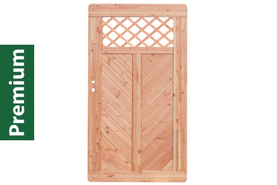Premium Douglasie Gartentür, Sichtschutzzaun Holz, 100 cm (B) x 178,5 cm (H), Fischgrätmuster mit Mittelsträbe und Gitter in Rautenform - natur Premium Douglasie Gartentür, Sichtschutzzaun Holz, 100 cm (B) x 178,5 cm (H), Fischgrätmuster mit Mittelsträbe und Gitter in Rautenform - natur