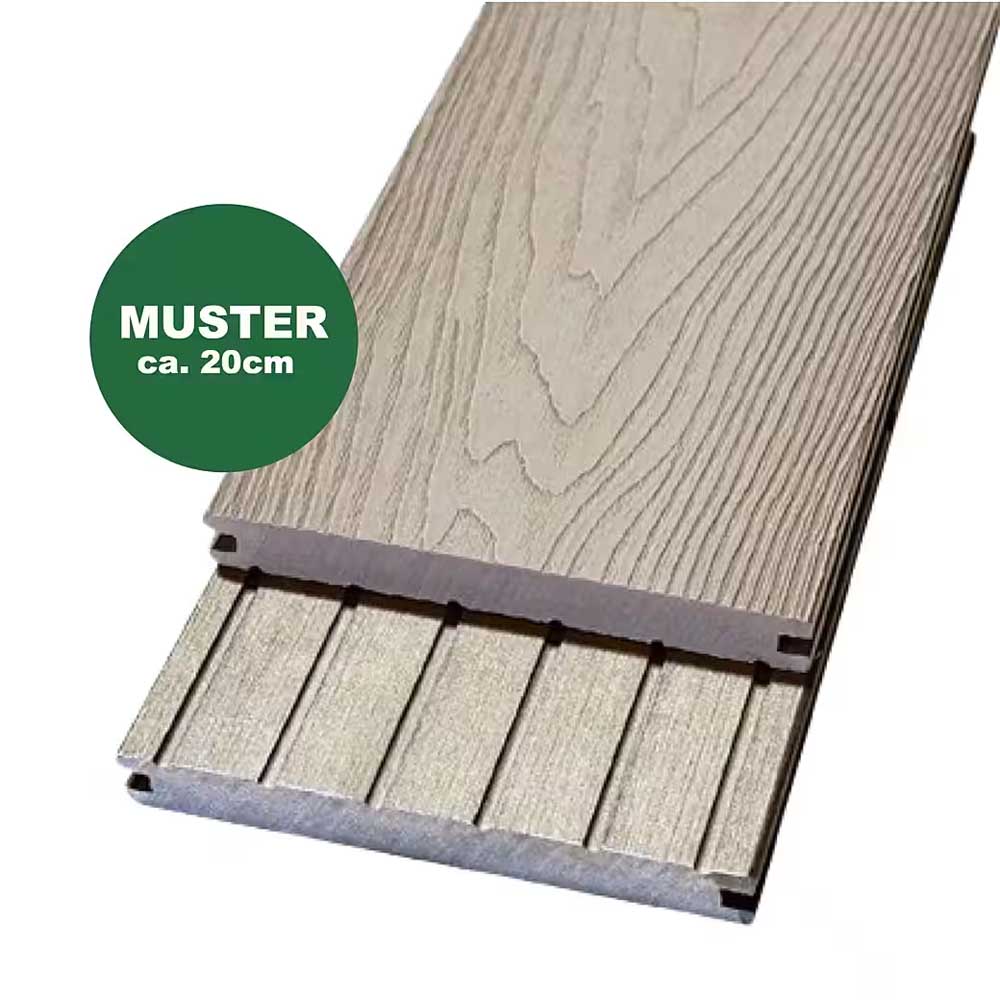 Handmuster WPC Terrassendiele, 18 x 146 mm, hellgrau (WoodoMalta) Handmuster WPC Terrassendiele, 18 x 146 mm, hellgrau (WoodoMalta)