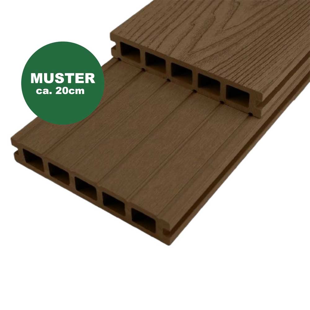 Handmuster WPC Terrassendiele 25 x 145 mm braun (WoodoMykonos) Handmuster WPC Terrassendiele 25 x 145 mm braun (WoodoMykonos)