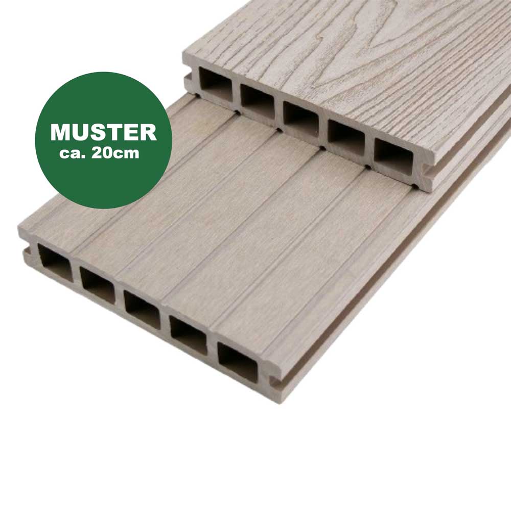 Handmuster WPC Terrassendiele 25 x 145 mm grau (WoodoMykonos) Handmuster WPC Terrassendiele 25 x 145 mm grau (WoodoMykonos)