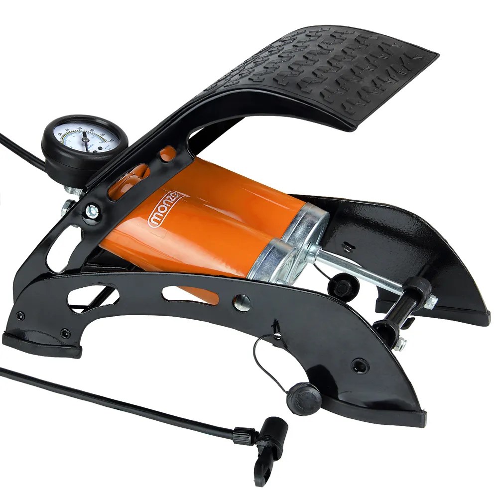 Doppel-Stahlzylinder Fußluftpumpe mit Manometer bis 7 bar Doppel-Stahlzylinder Fußluftpumpe mit Manometer bis 7 bar