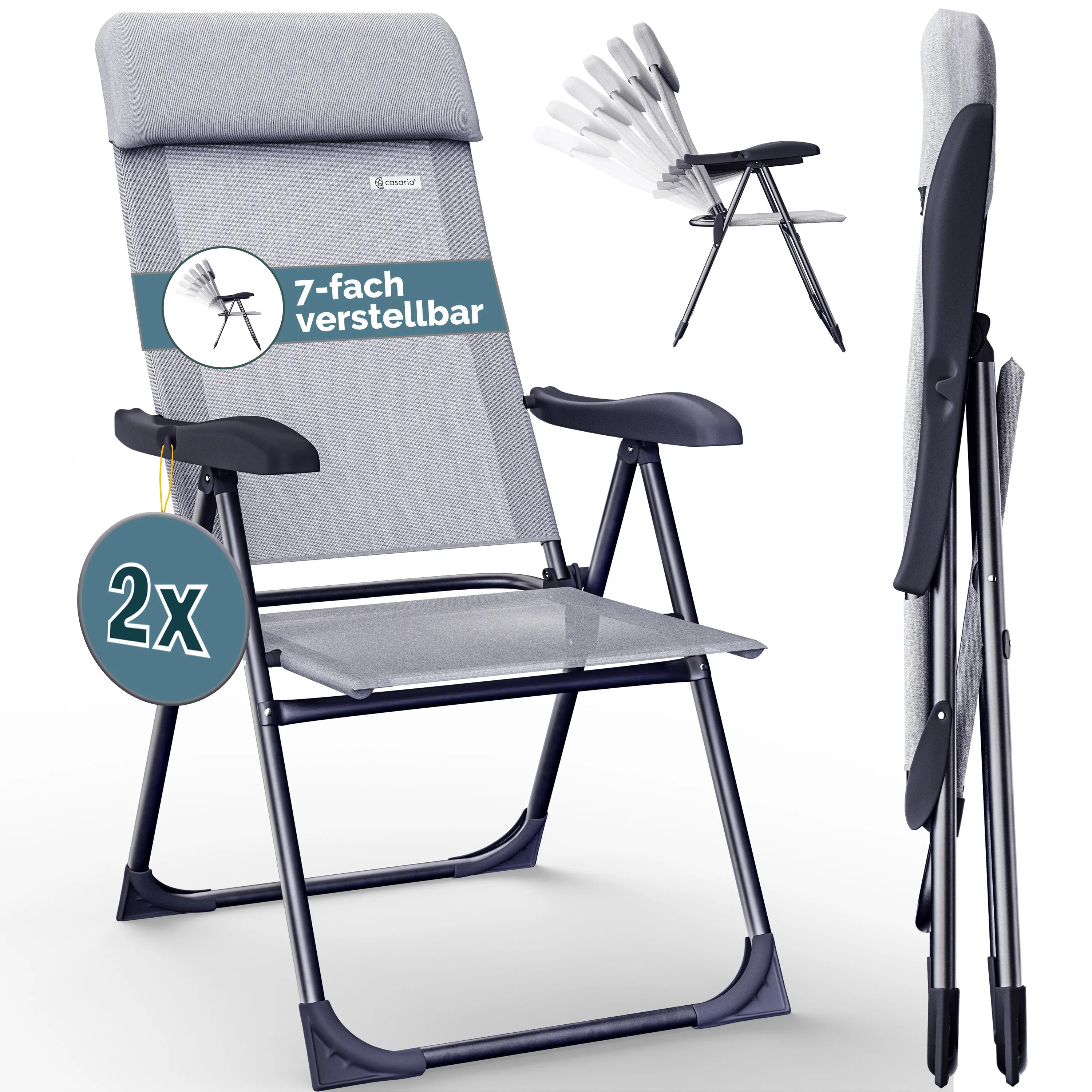 Gartenstuhl klappbar 2er-Set Grau meliert Alu Hochlehner verstellbar Gartenstuhl klappbar 2er-Set Grau meliert Alu Hochlehner verstellbar