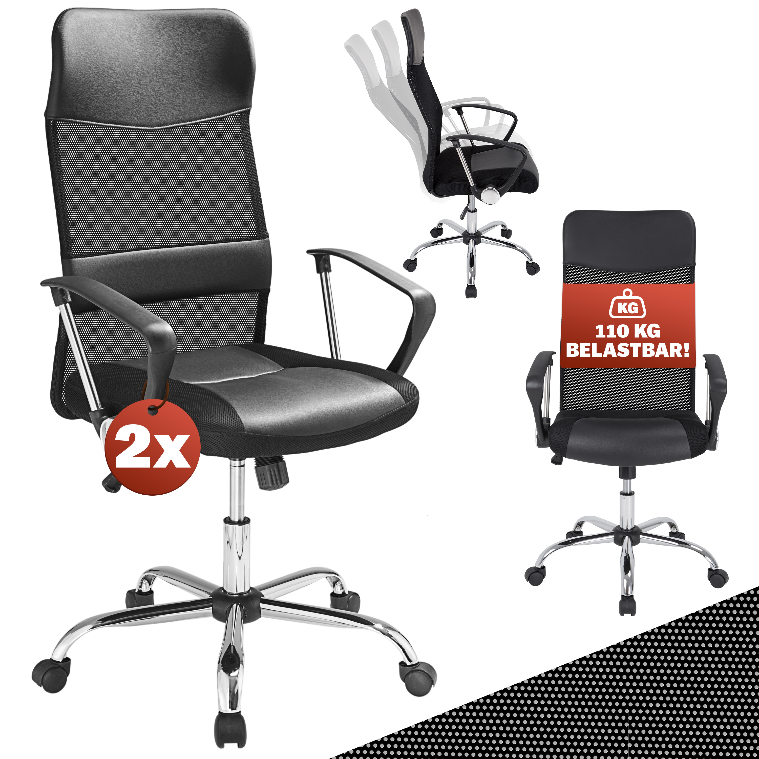 Bürostuhl Deluxe 2er-Set Schwarz mit Netz – Bild 2