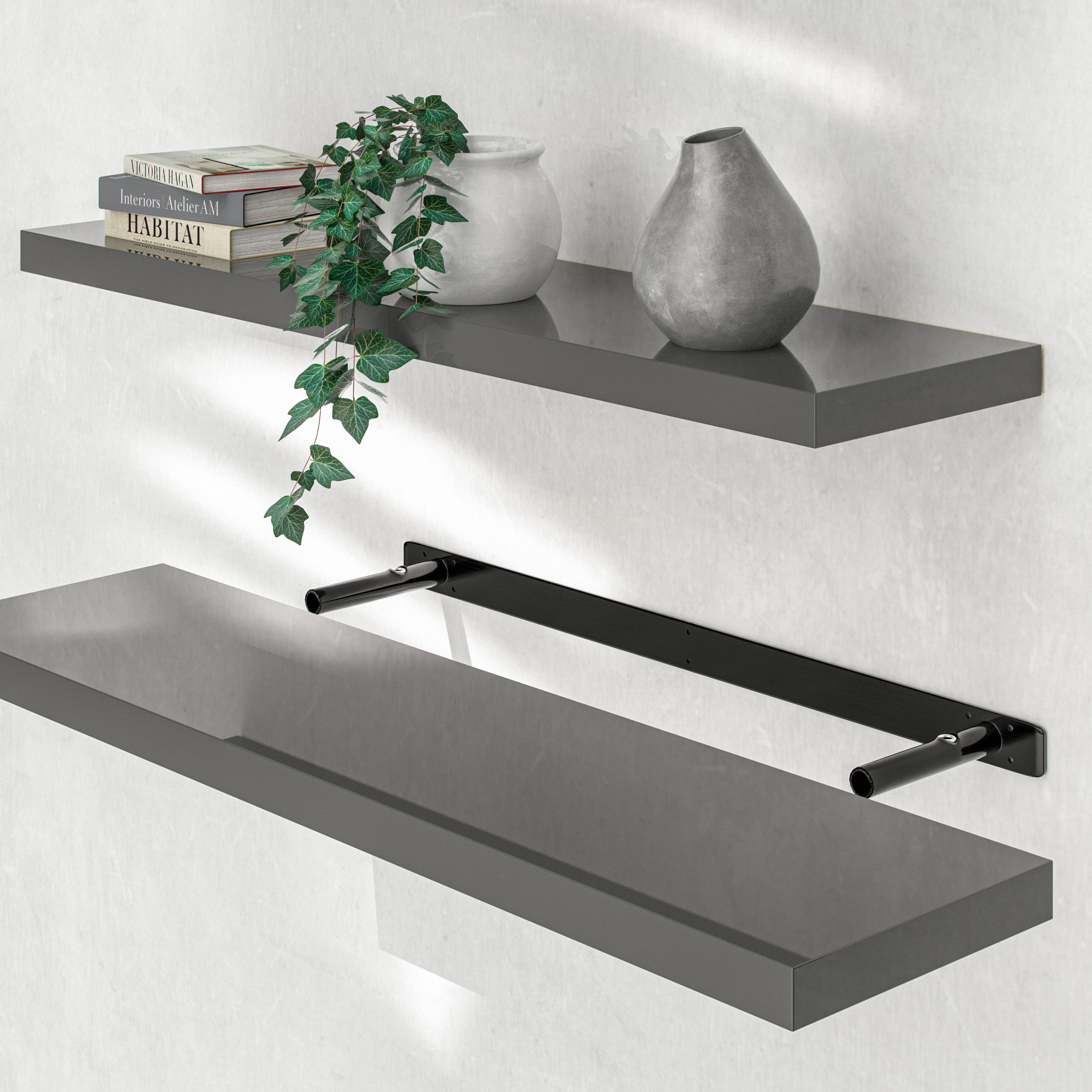 Wandregal Schweberegal 90cm Hochglanz Grau + Halterung – Bild 2