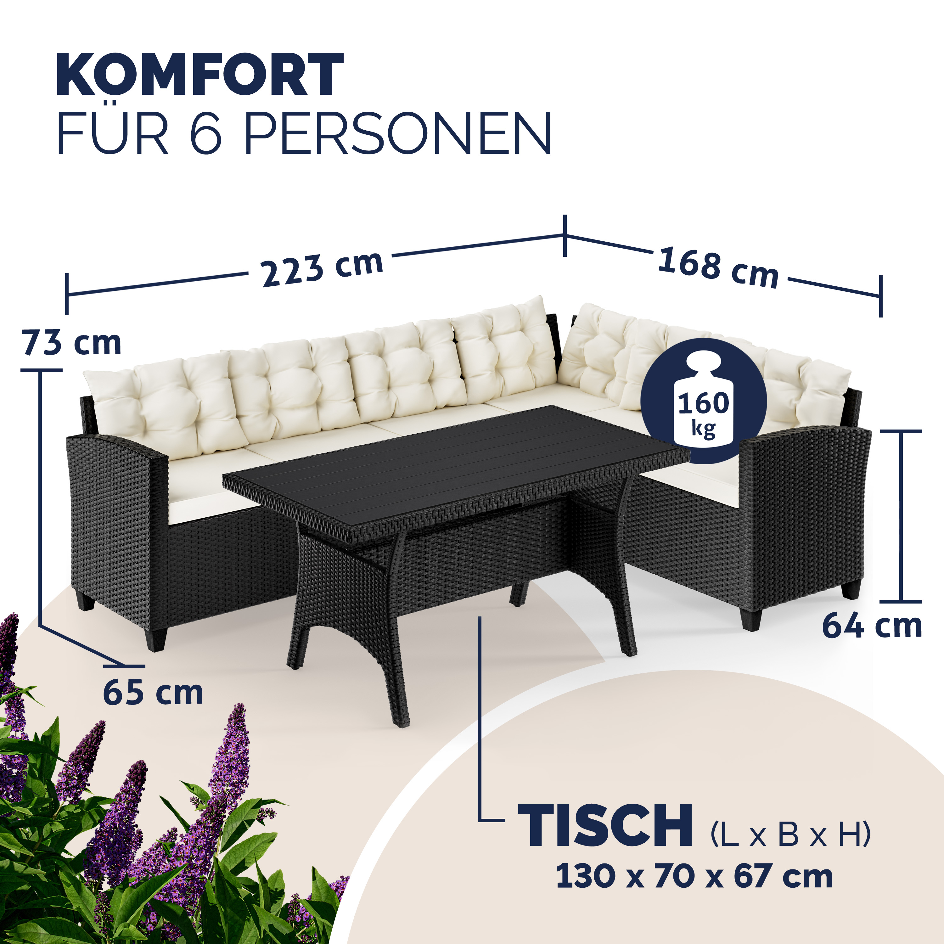 Polyrattan Lounge-Set Schwarz/Creme WPC Tischplatte – Bild 2