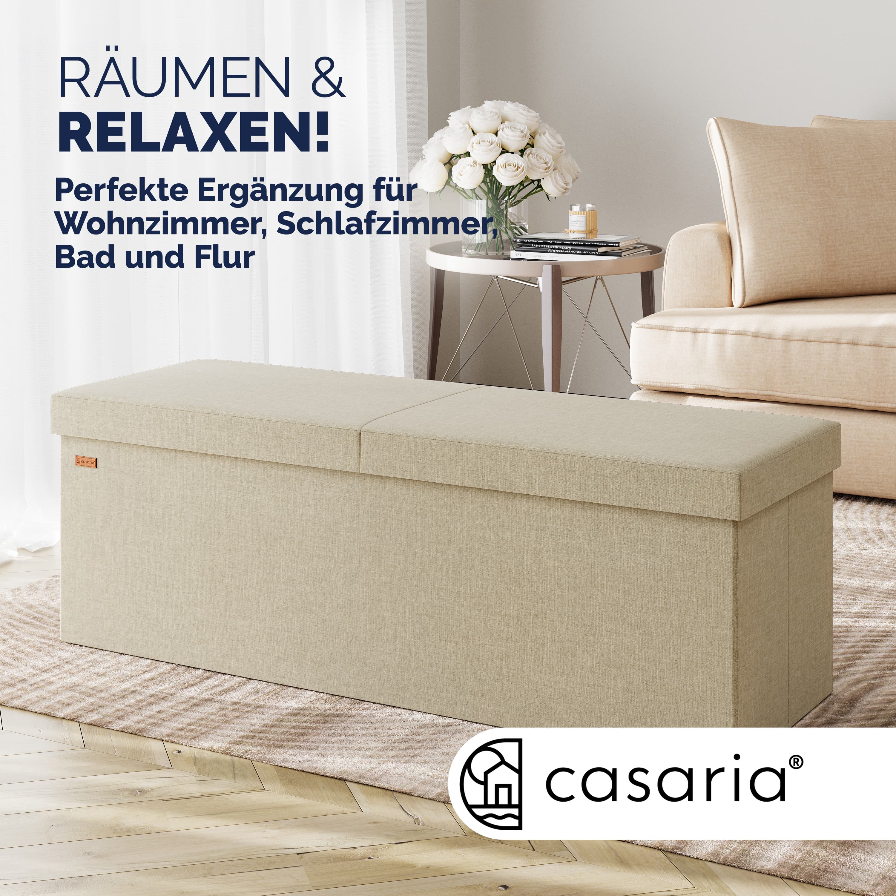 Sitzbank Beige 115x38x38cm mit Klappdeckel – Bild 2