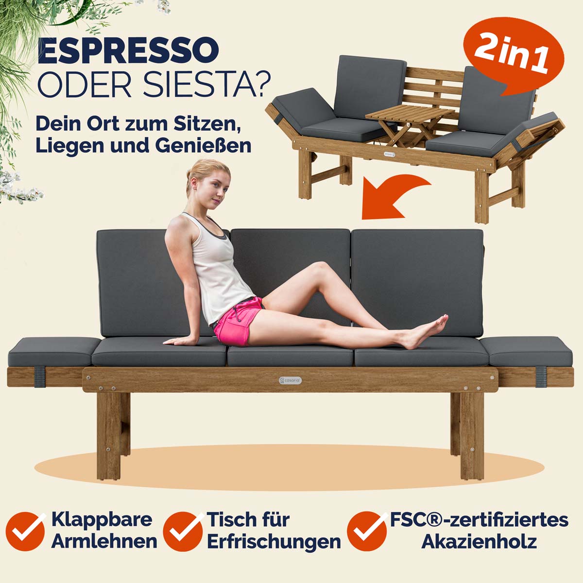 Gartenbank 2in1 wandelbar mit Tisch Kissen aus Akazienholz – Bild 2