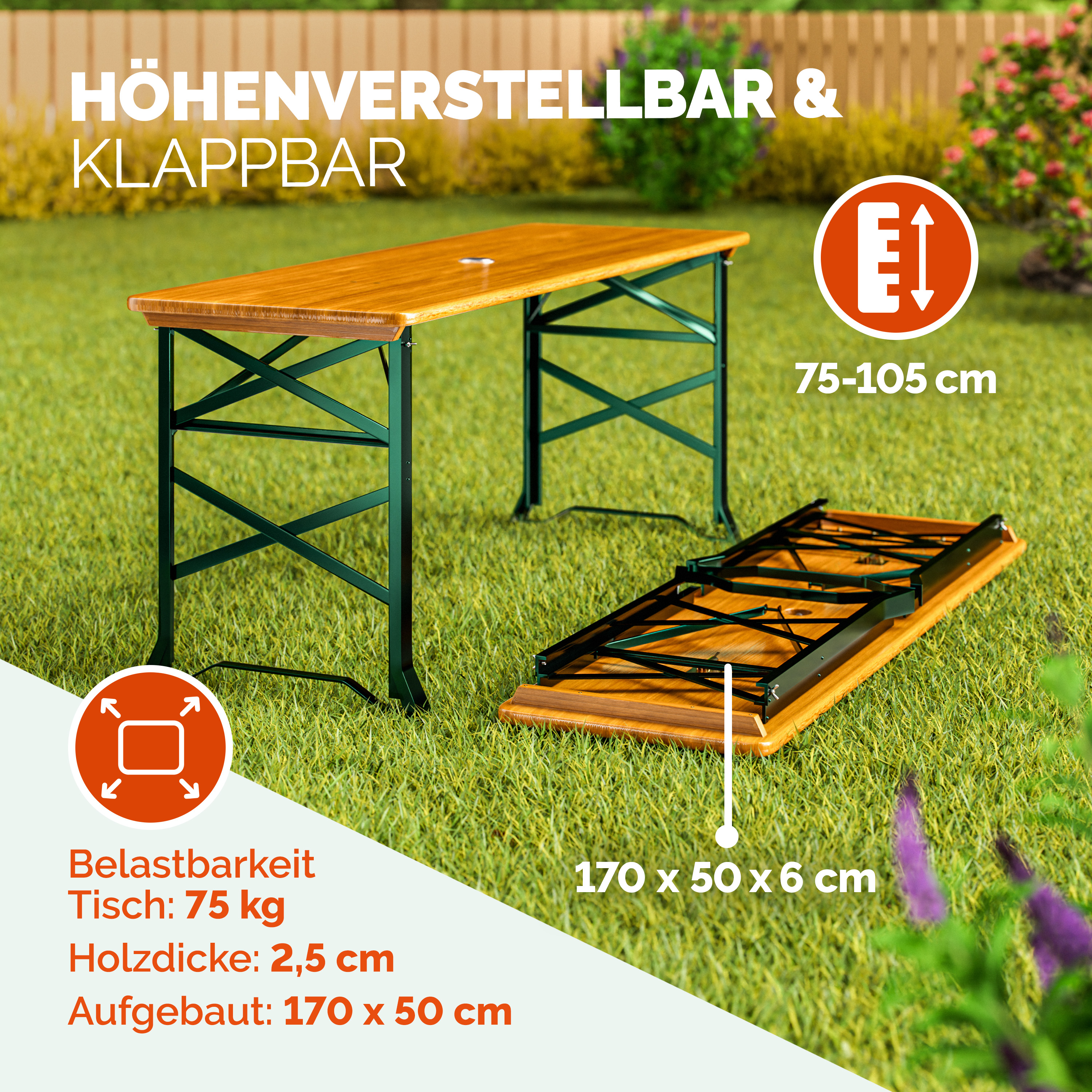Biertisch 2in1 höhenverstellbar 170x50 75/105cm klappbar Schirmloch – Bild 2