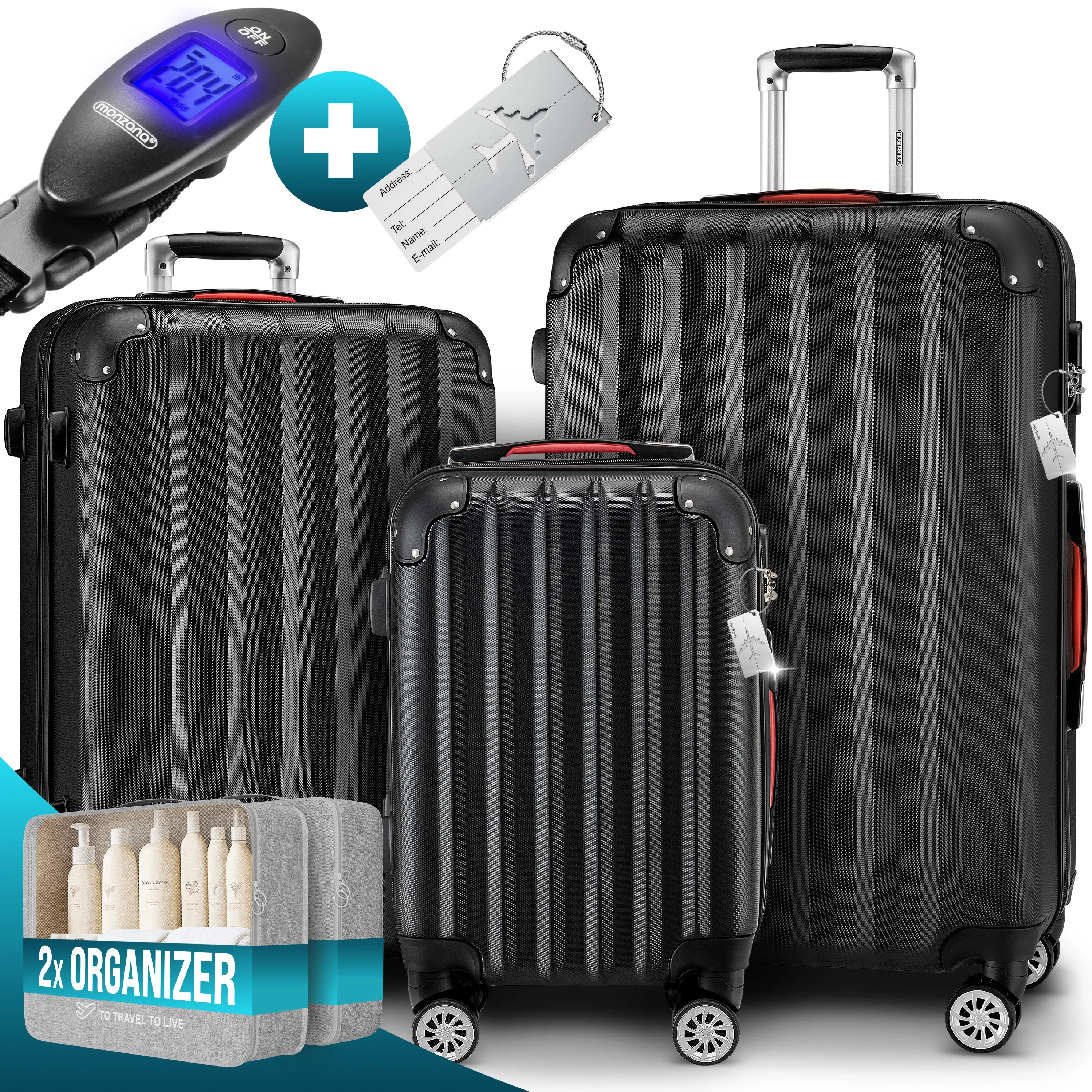 Hartschalenkoffer Set 3-tlg mit Zubehör Rollen 360º Schwarz ABS Hartschalenkoffer Set 3-tlg mit Zubehör Rollen 360º Schwarz ABS