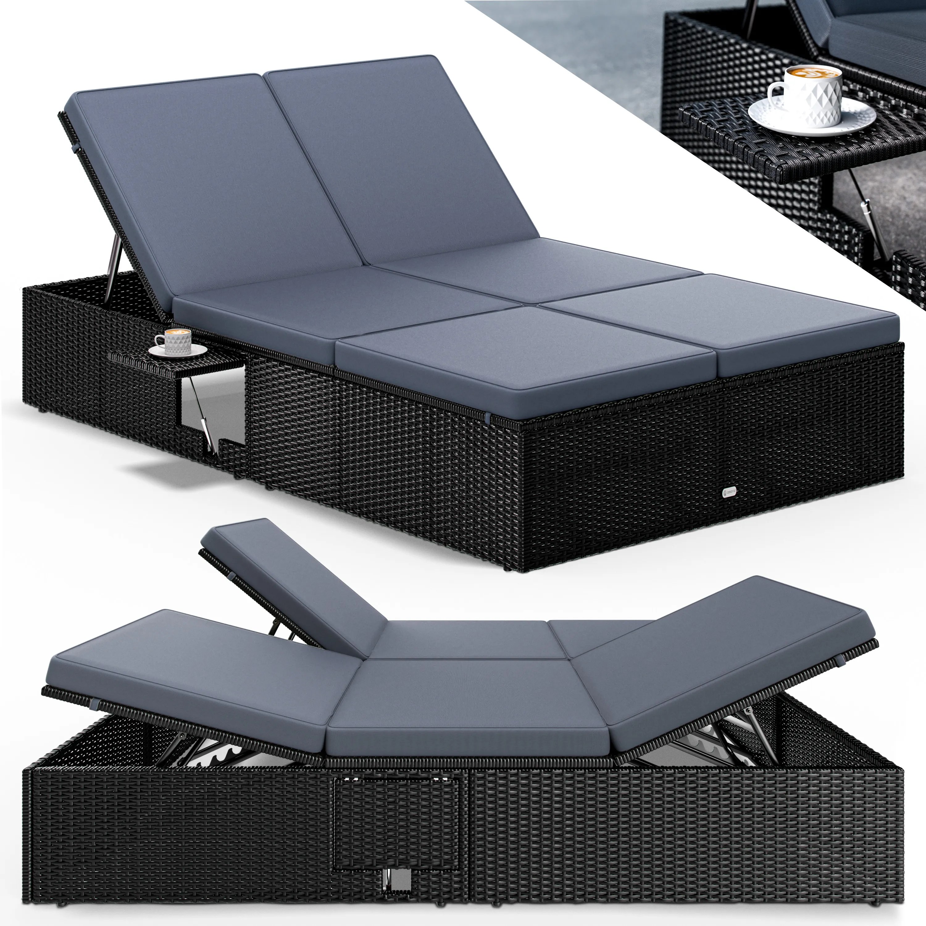 Polyrattan Gartenliege Schwarz/Anthrazit 200x115x33cm Polyrattan Gartenliege Schwarz/Anthrazit 200x115x33cm