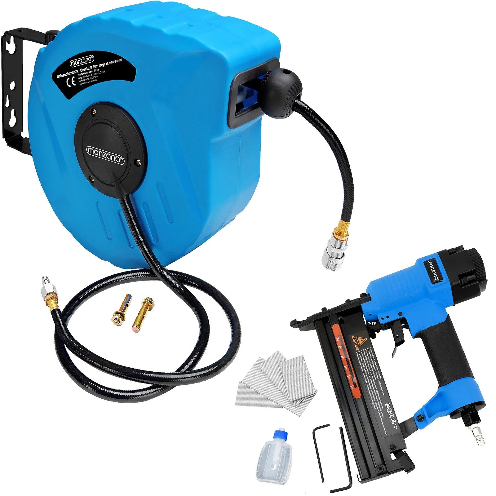 Druckluftschlauch-Aufroller 10m + Druckluft-Tacker Druckluftschlauch-Aufroller 10m + Druckluft-Tacker