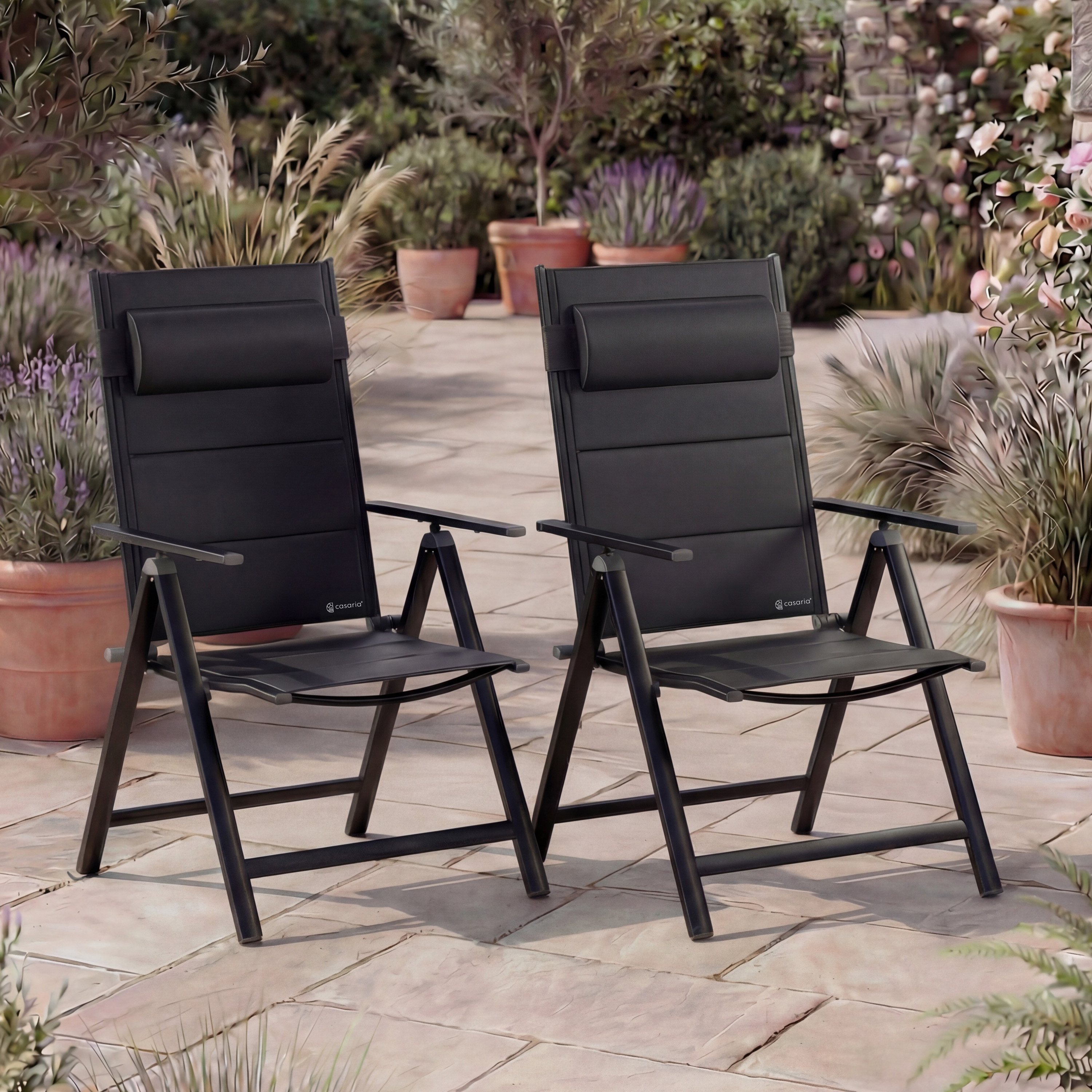 Gartenstühle 2er-Set Schwarz klappbar gepolstert Alu verstellbar 120kg Belastbarkeit wetterfest – Bild 2
