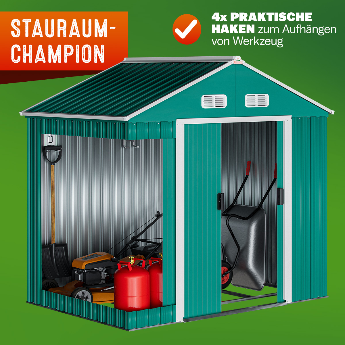 Geräteschuppen Grün 200x135x190 verzinkter Bodenkranz 4 Haken – Bild 2
