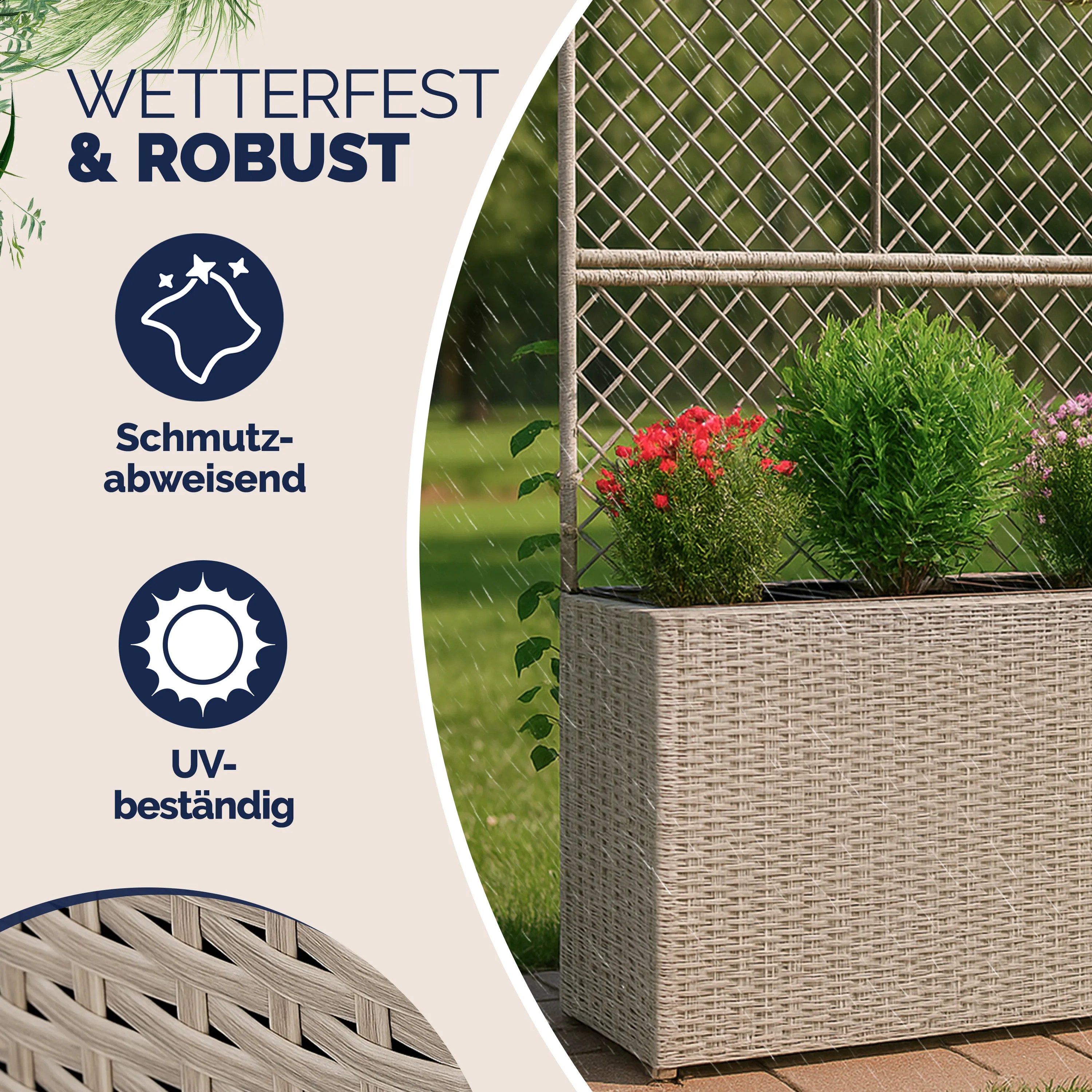Polyrattan Blumenkasten mit Rankgitter Creme – Bild 2