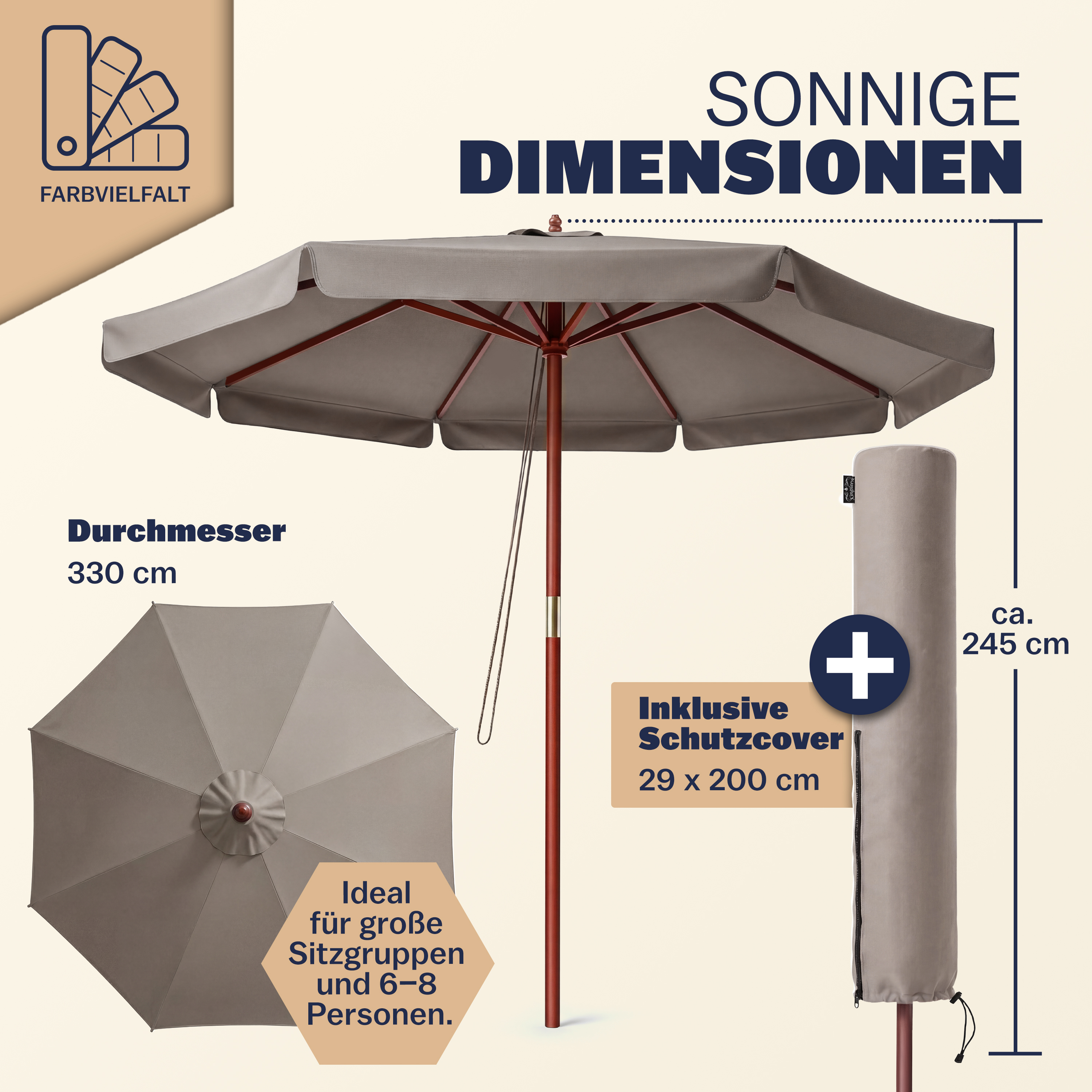 Sonnenschirm Taupe Holz Ø330cm UV-Schutz 80+ – Bild 2