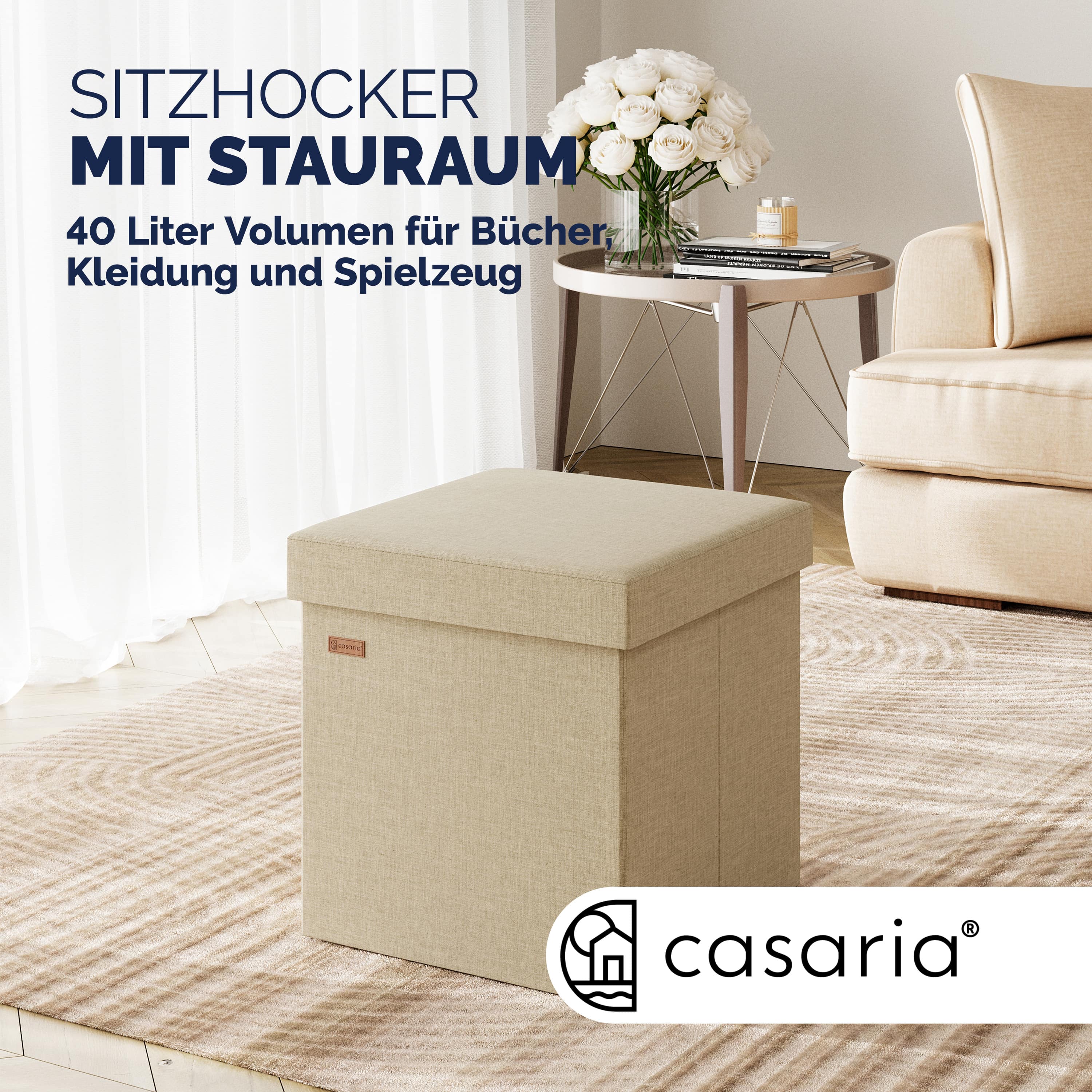 Sitzhocker 2er-Set Beige 38x38x38cm faltbar – Bild 2