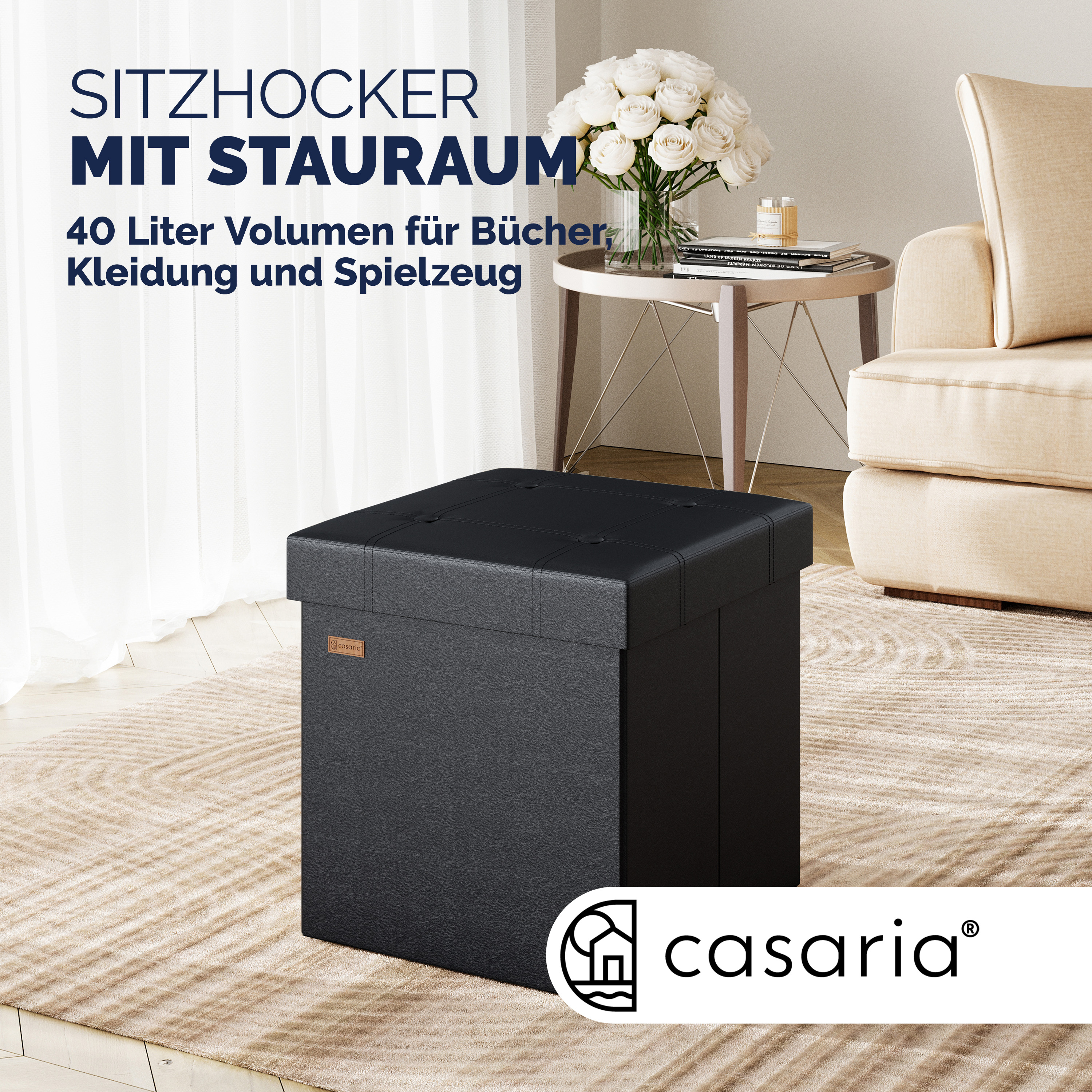 Sitzhocker 2er-Set Schwarz Kunstleder 38x38x38cm faltbar – Bild 2