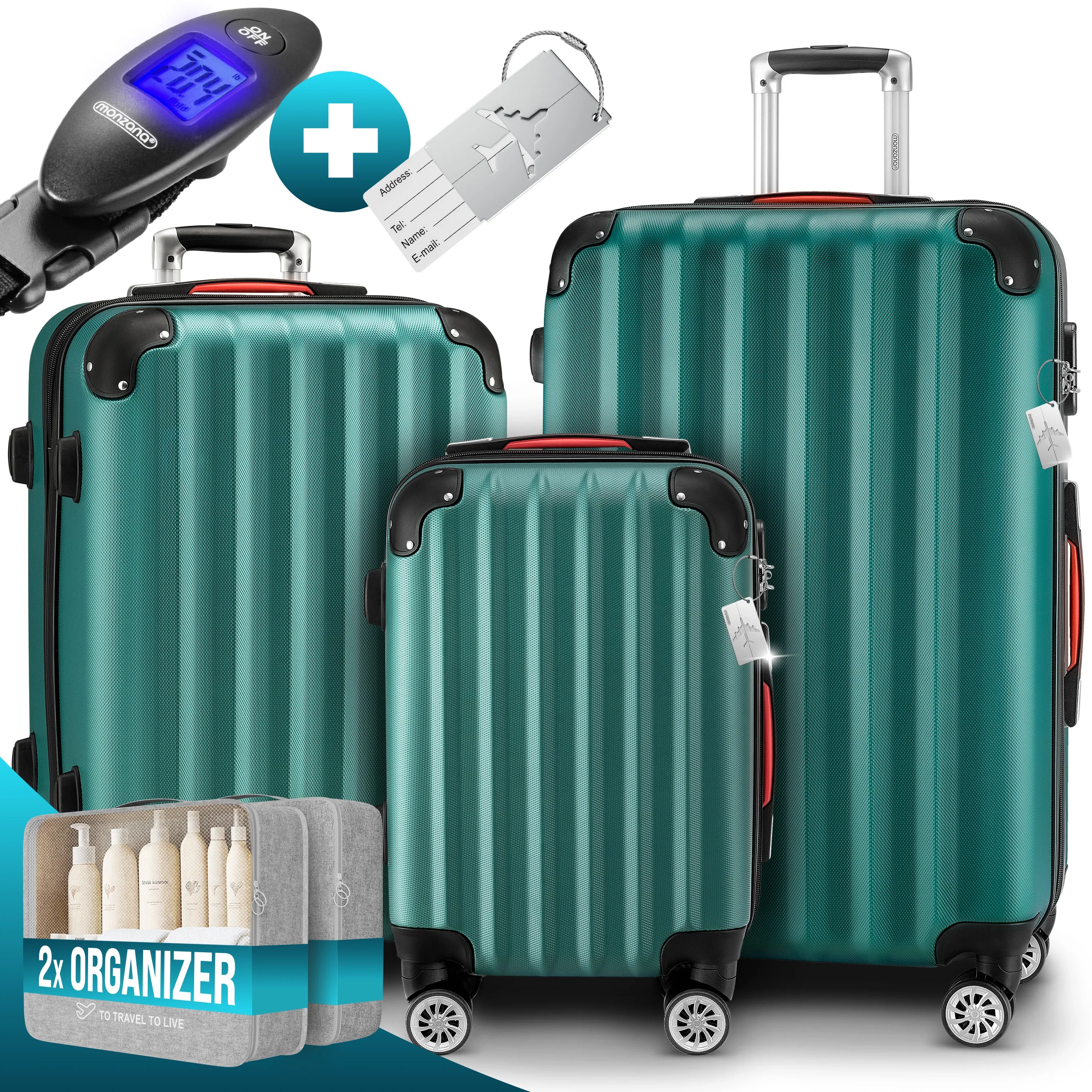 Hartschalenkoffer Set 3-tlg mit Zubehör Rollen 360º Grün ABS Hartschalenkoffer Set 3-tlg mit Zubehör Rollen 360º Grün ABS