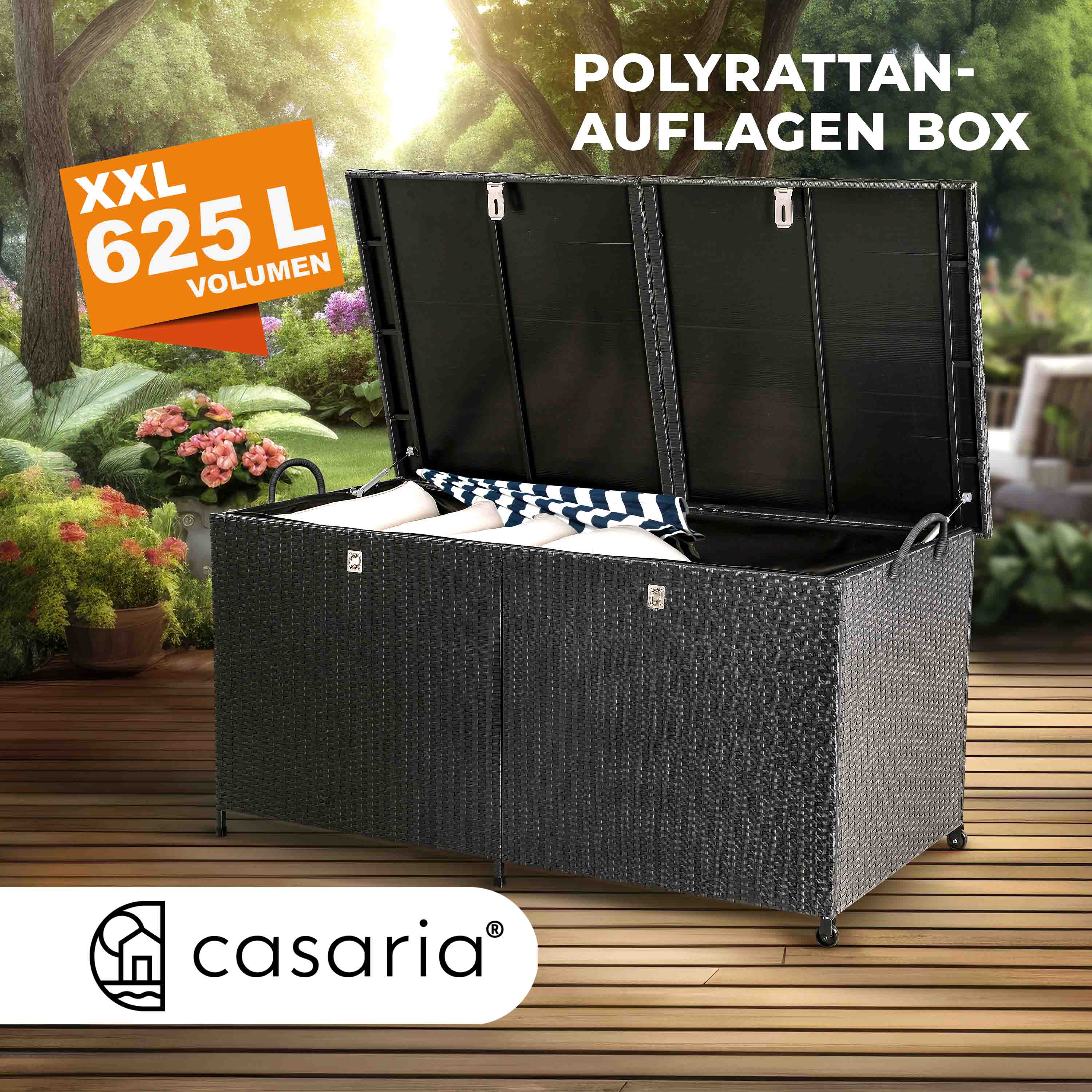 Gartenbox Polyrattan 625L wetterfest abschließbar mit Rollen – Bild 2