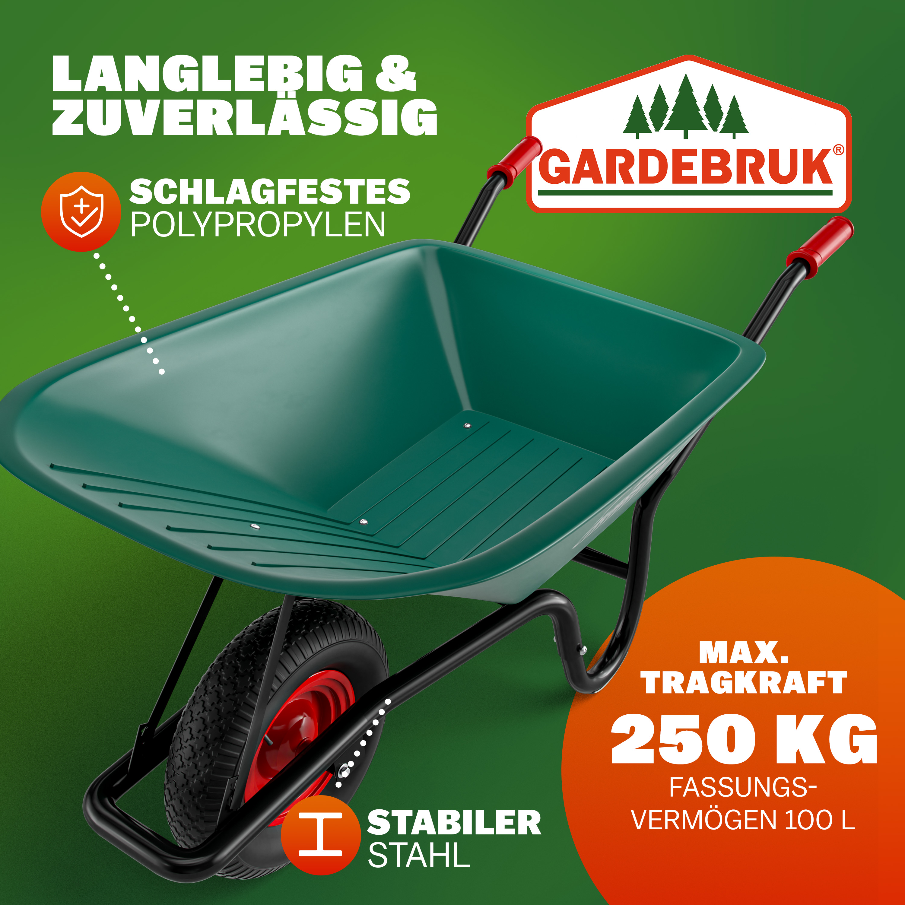 Schubkarre mit Kunststoffwanne 100L Luftbereifung Ø 40cm 250kg Tragkraft – Bild 2