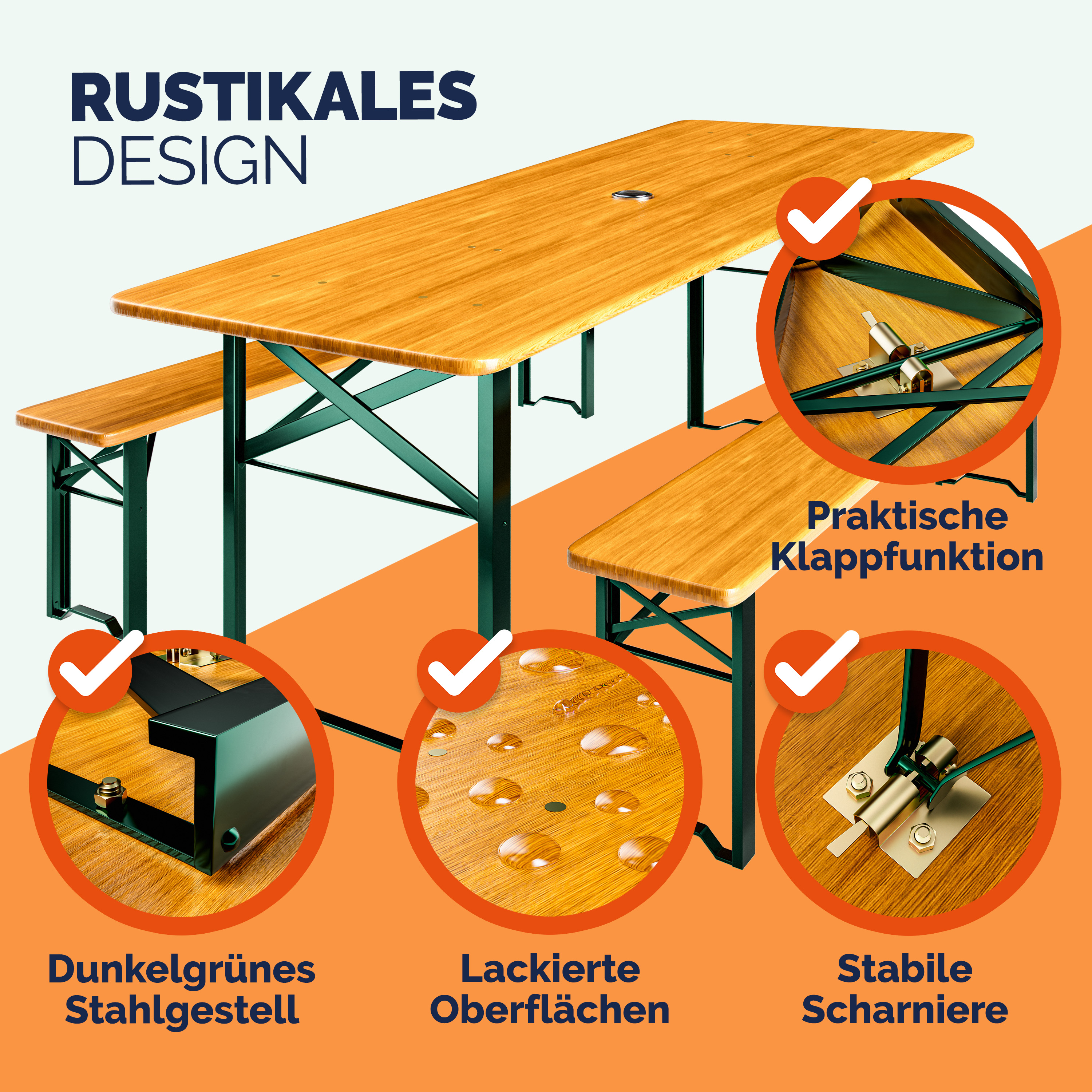 Bierzeltgarnitur 3-tlg klappbar 170cm für 8 Personen platzsparend wetterfest – Bild 2