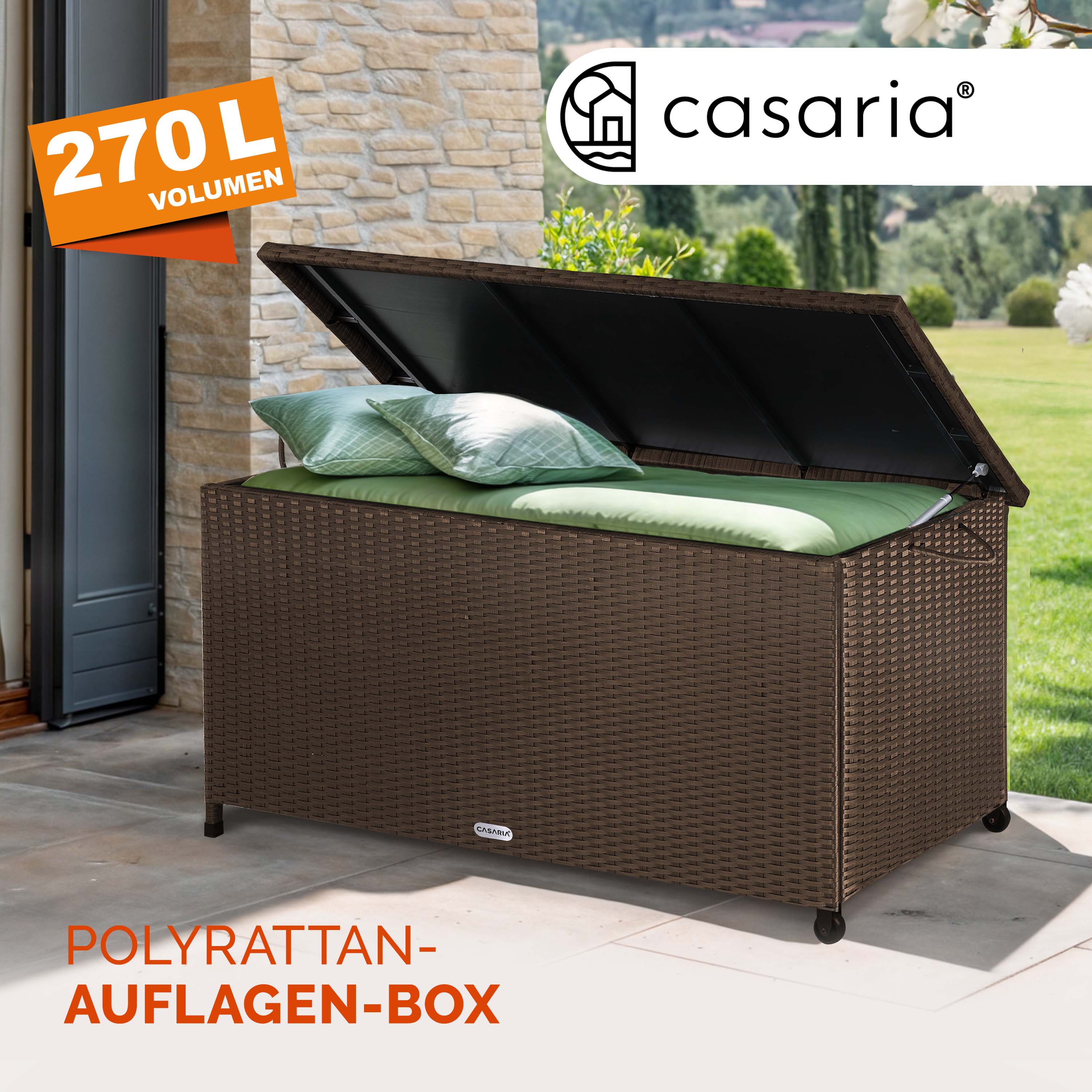 Gartenbox Polyrattan Braun 117x53x60cm mit Griffen & Rollen – Bild 2