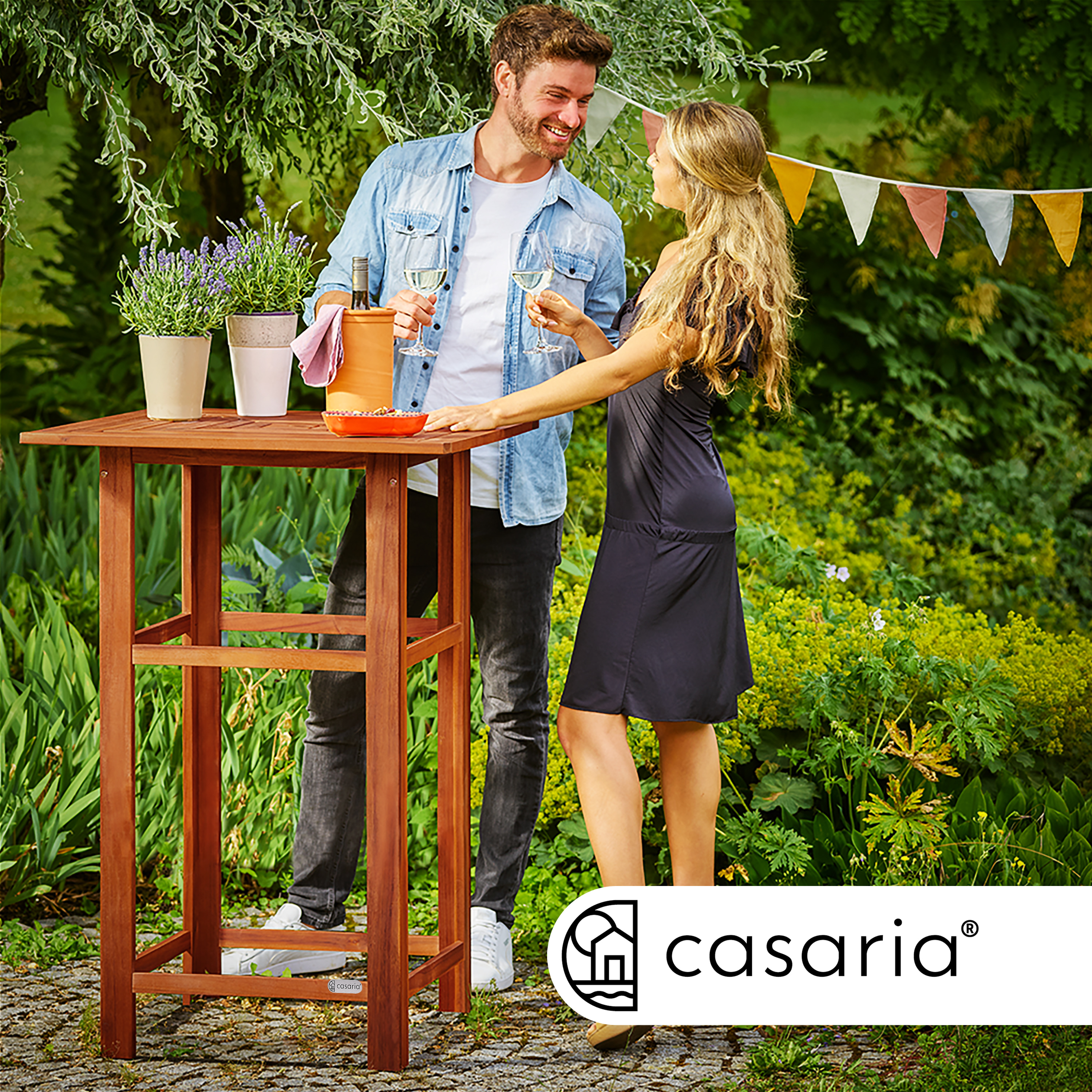 Stehtisch mit 2 Barhocker mit Rückenlehne Akazienholz – Bild 2