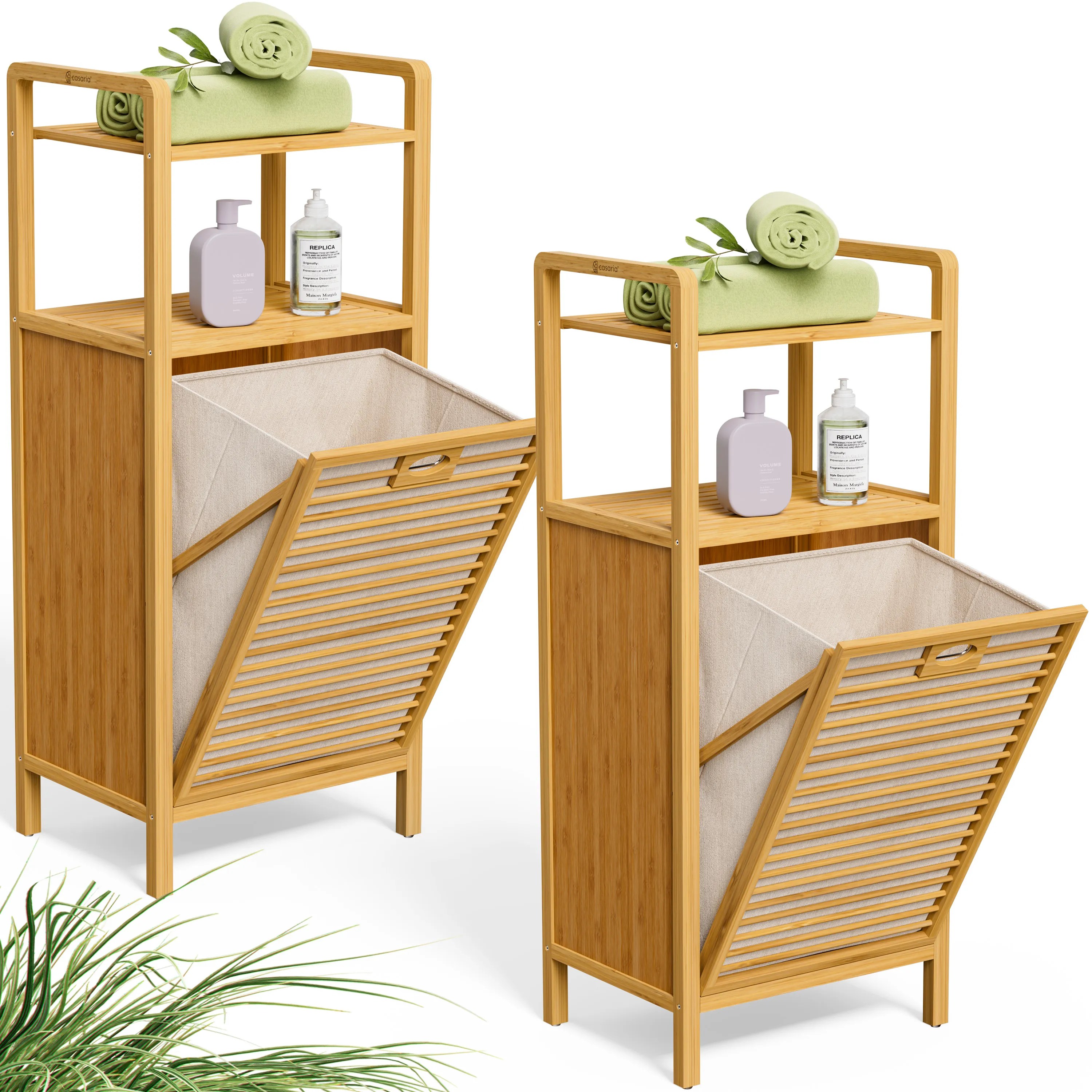 Badregal Wäschekorb 2er-Set Bambus 43L Wäschesack herausnehmbar Badregal Wäschekorb 2er-Set Bambus 43L Wäschesack herausnehmbar