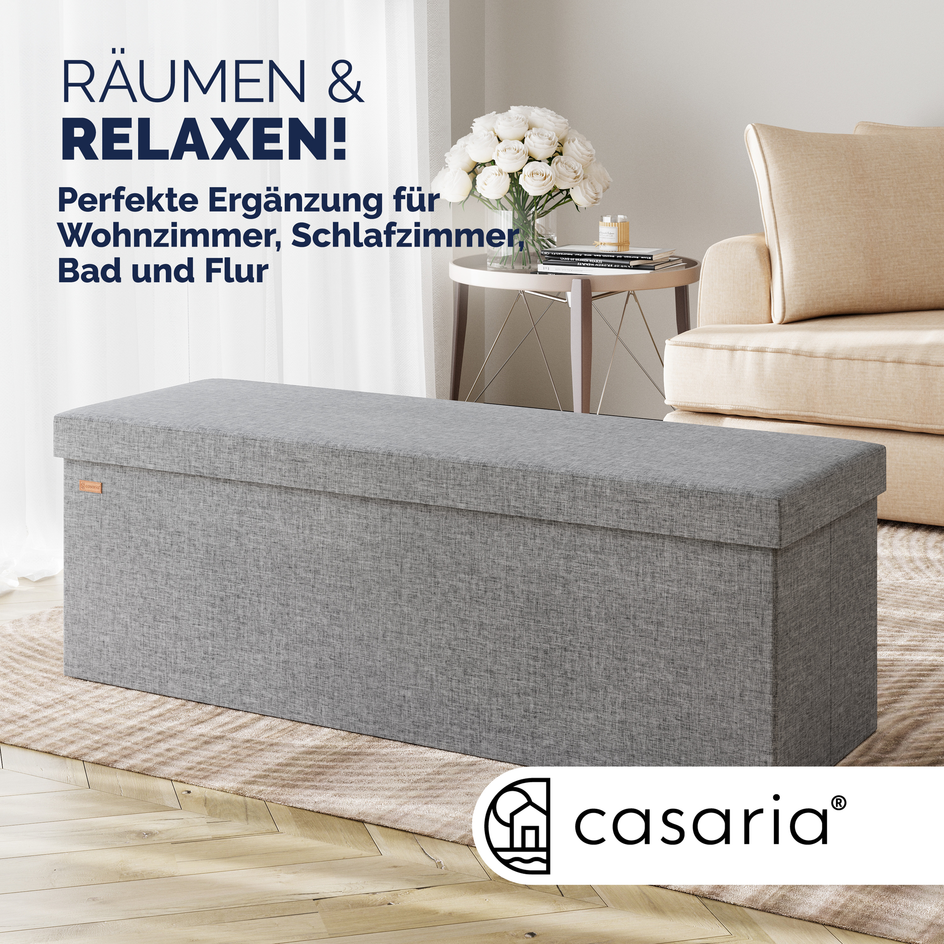 Sitzbank Grau 115x38x38cm mit Stauraum faltbar – Bild 2