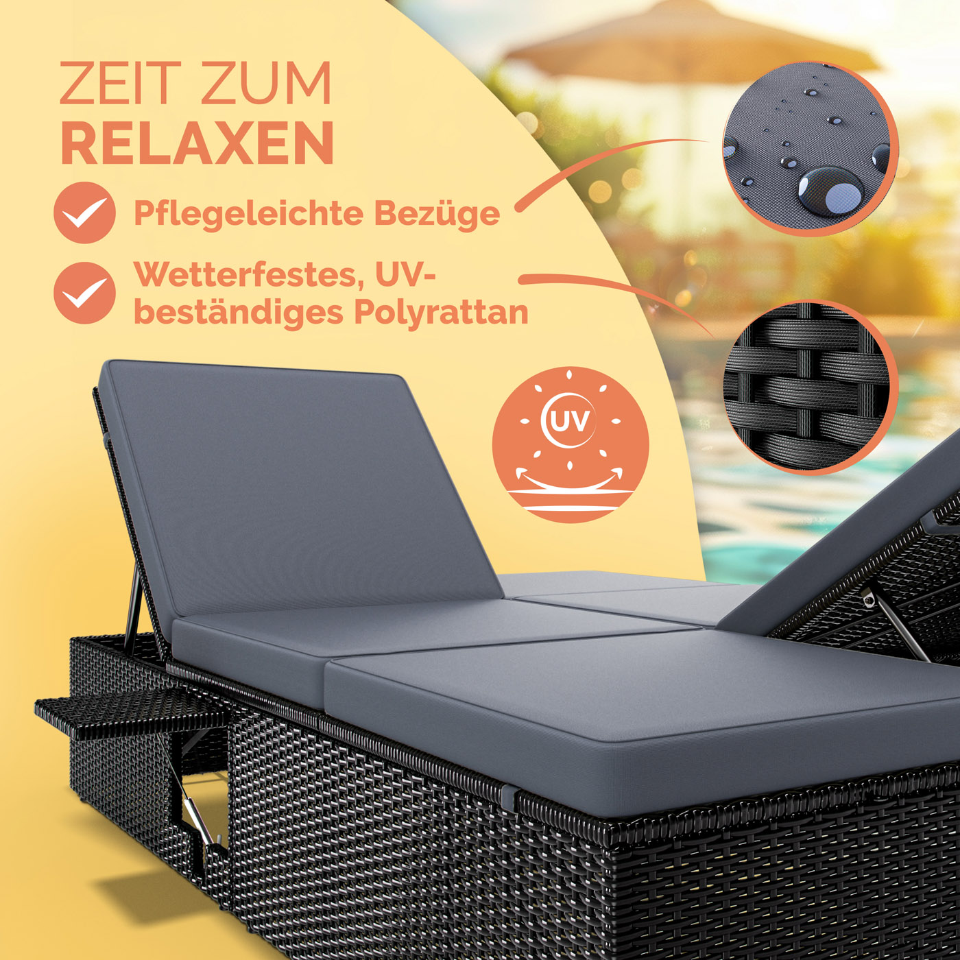 Polyrattan Gartenliege Schwarz/Anthrazit 200x115x33cm – Bild 2