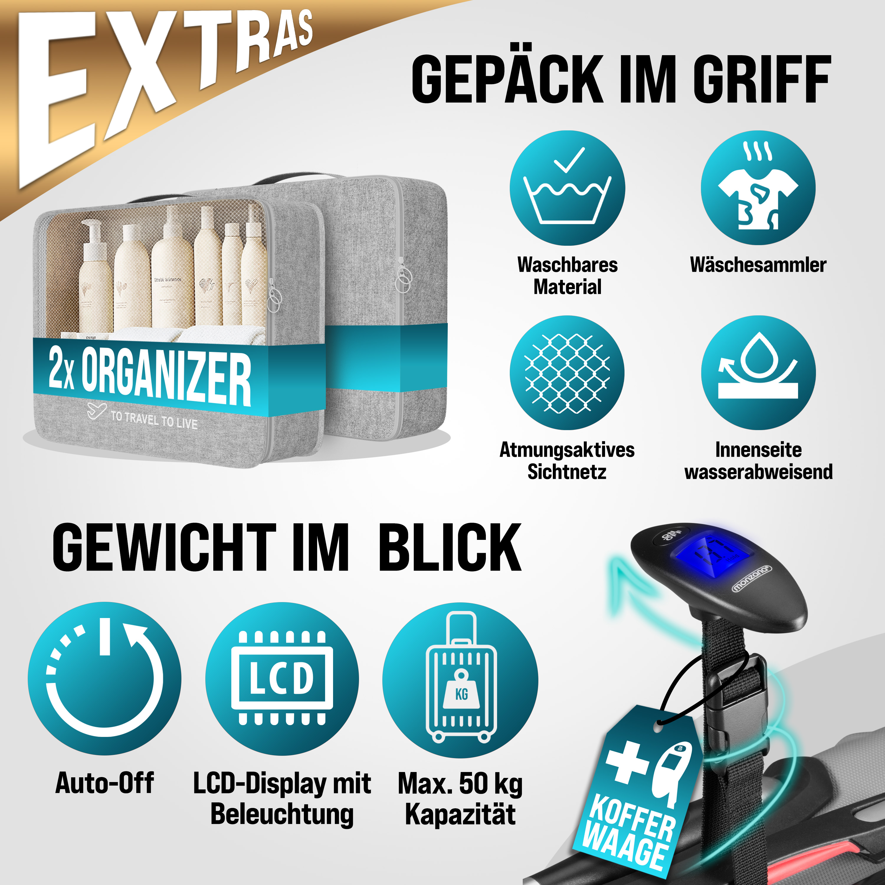 Hartschalenkoffer Set 3-tlg mit Zubehör Rollen 360º Silber ABS – Bild 2