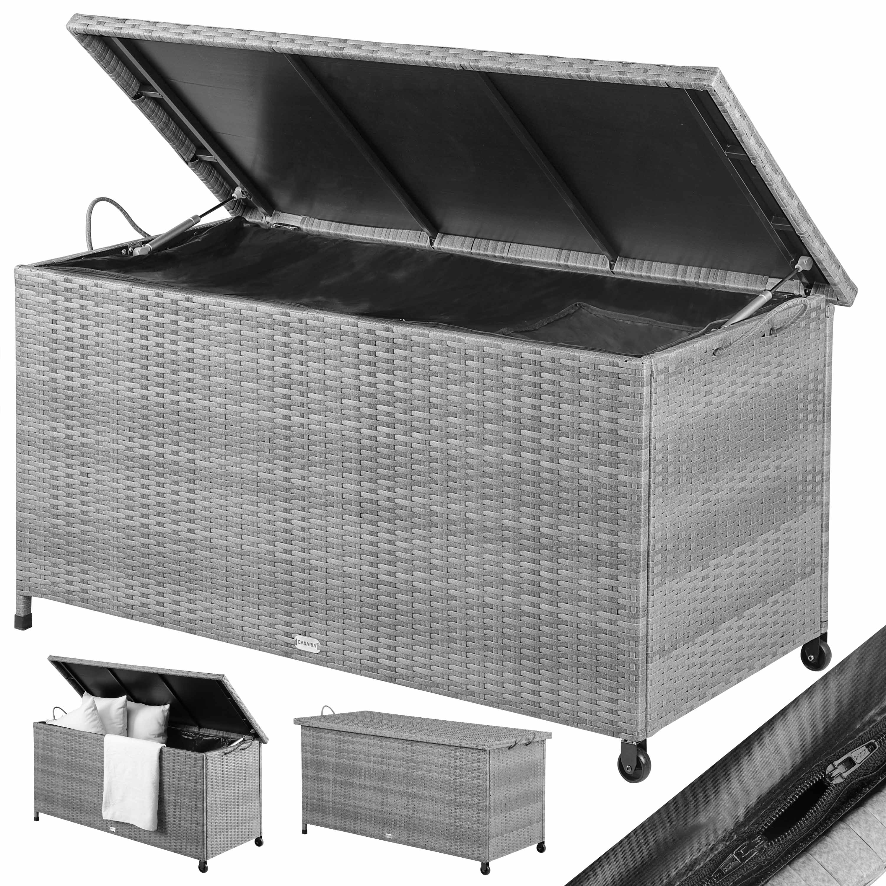 Gartenbox Polyrattan Grau 117x53x60cm mit Griffen & Rollen Gartenbox Polyrattan Grau 117x53x60cm mit Griffen & Rollen