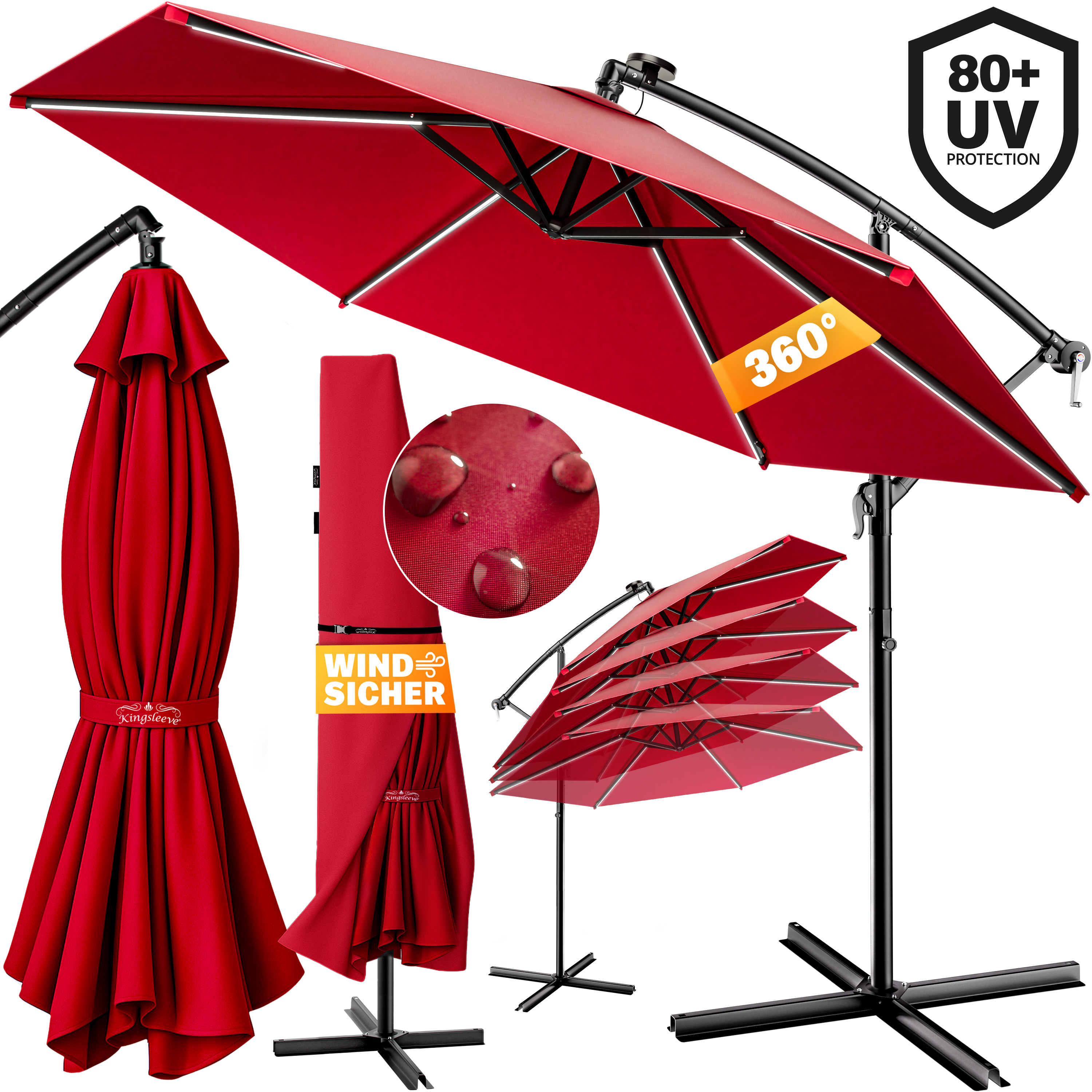 LED Solar Ampelschirm Mali Rot Ø350cm UV-Schutz 80+ Hülle – Bild 2