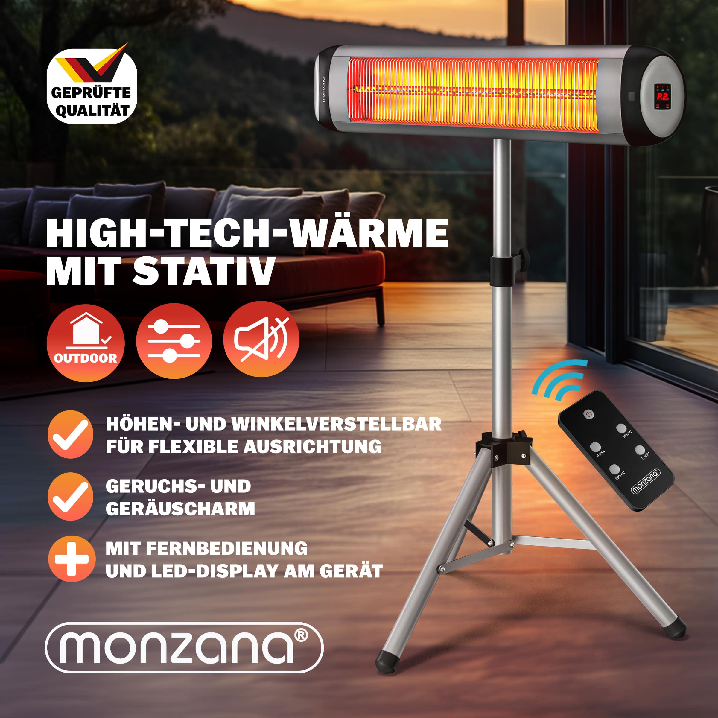 Heizstrahler MZH2500 Silber 2500W 90° verstellbar mit Ständer – Bild 2