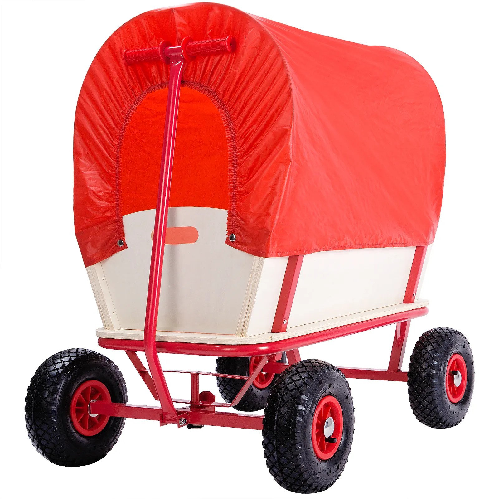 Bollerwagen Braun/Rot Holz 168x99x61cm mit Schutzdach Bollerwagen Braun/Rot Holz 168x99x61cm mit Schutzdach