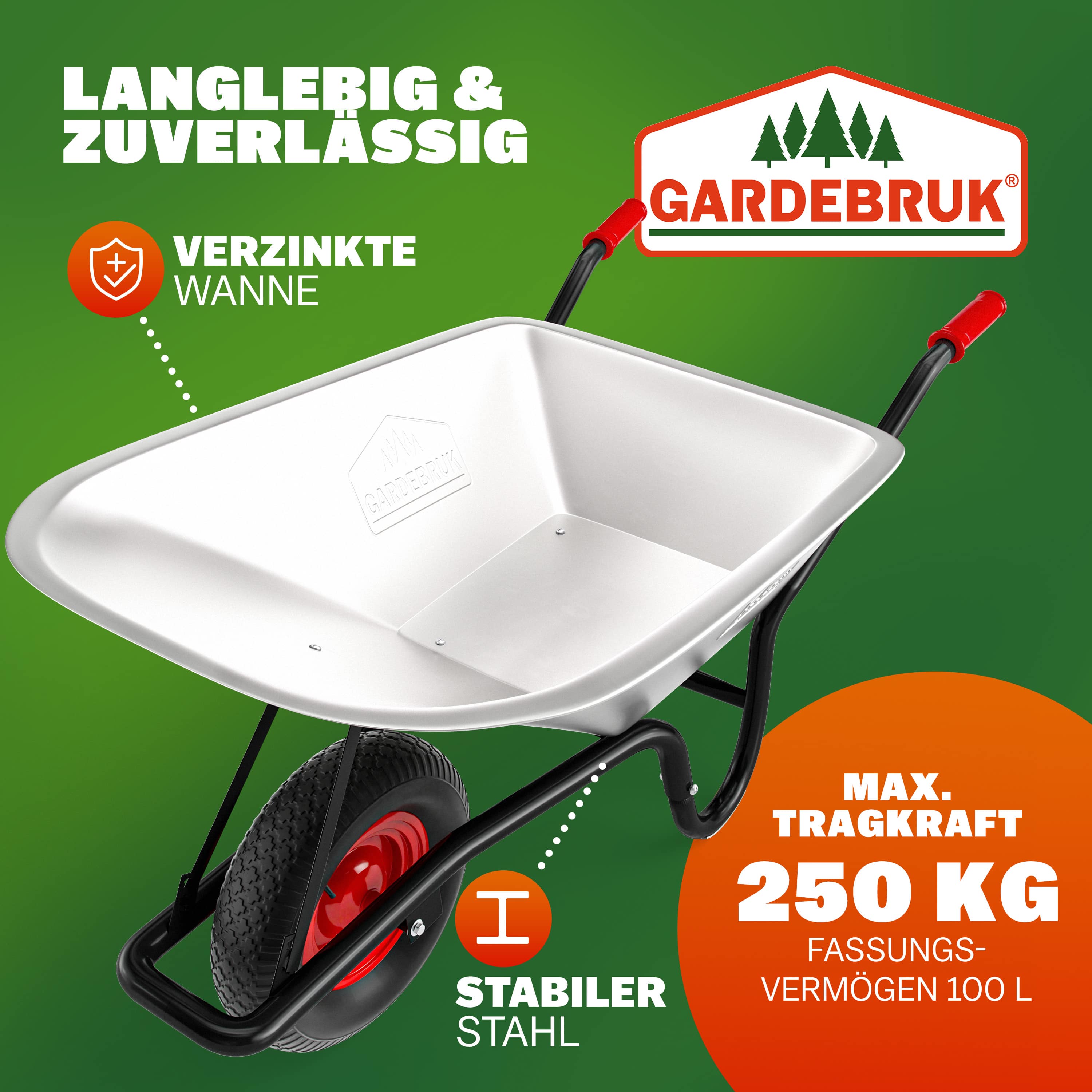 Schubkarre verzinkt 250kg Tragkraft 100L Luftreifen Ø40cm – Bild 2