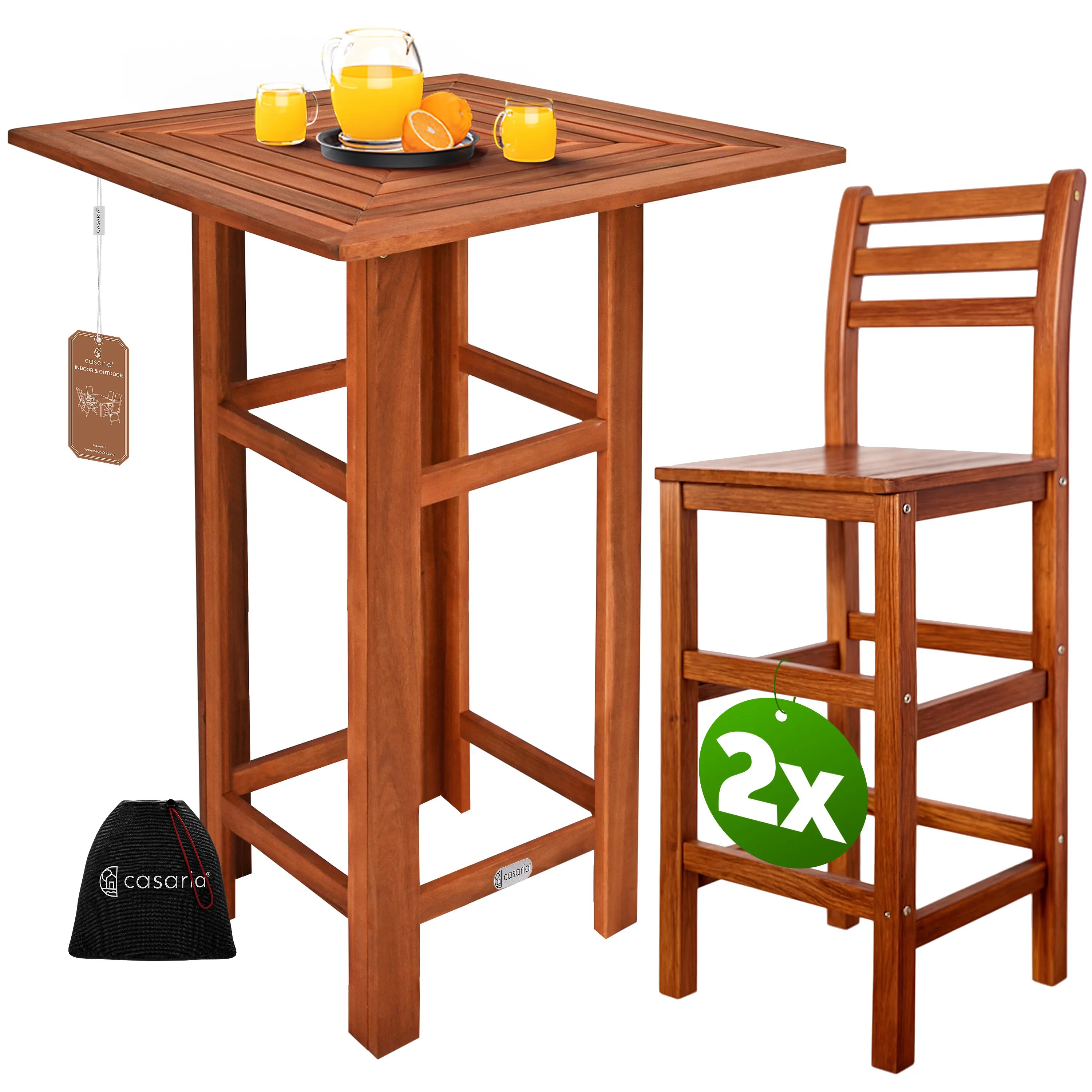 Stehtisch mit 2 Barhocker mit Rückenlehne Akazienholz Stehtisch mit 2 Barhocker mit Rückenlehne Akazienholz
