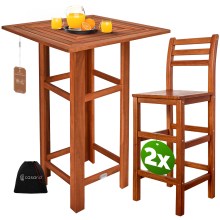Stehtisch mit 2 Barhocker mit Rückenlehne Akazienholz Stehtisch mit 2 Barhocker mit Rückenlehne Akazienholz