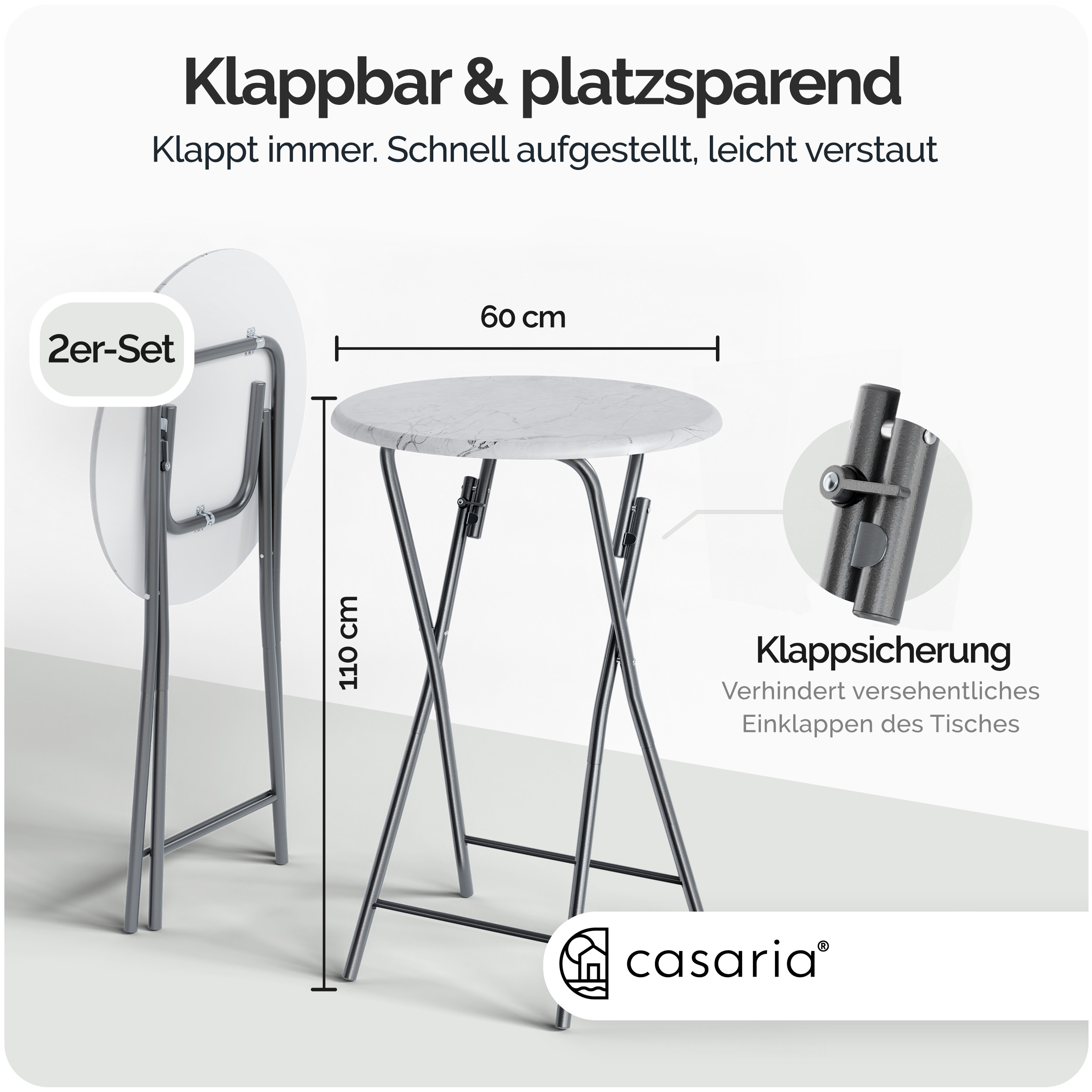 Stehtisch 2er-Set klappbar Ø60cm Marmoroptik Weiß 110cm Höhe – Bild 2