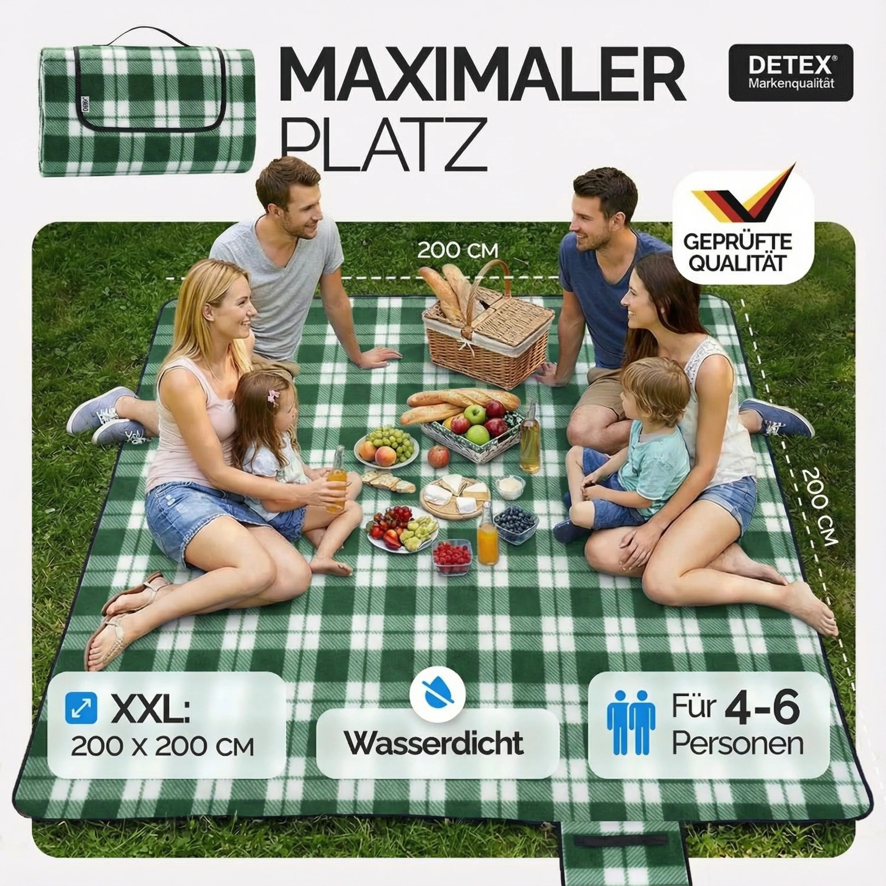 Picknickdecke Karo/Grün 2x2m – Bild 2