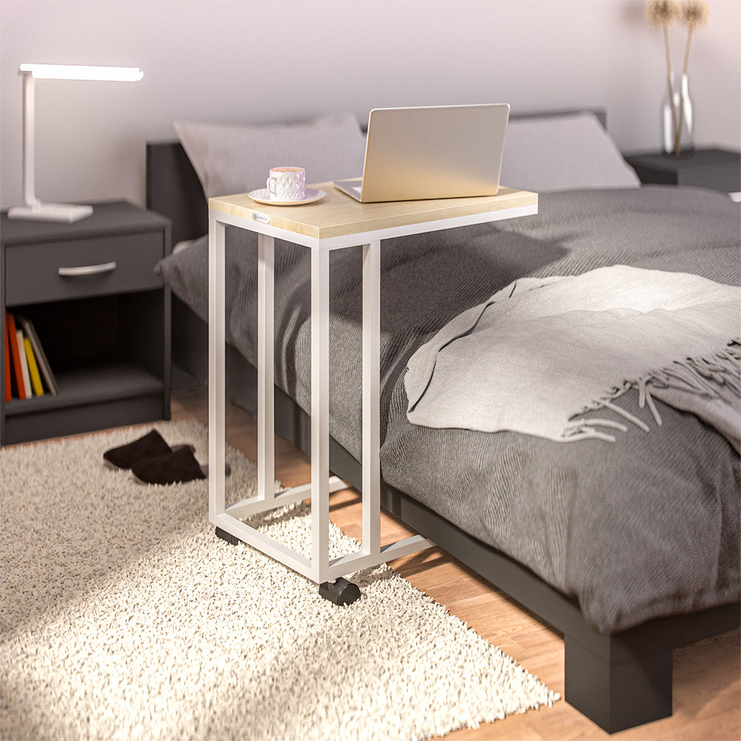 Beistelltisch Weiß 2er-Set unterfahrbar 50x35x65/70cm mobil Rollen mit Bremse – Bild 2