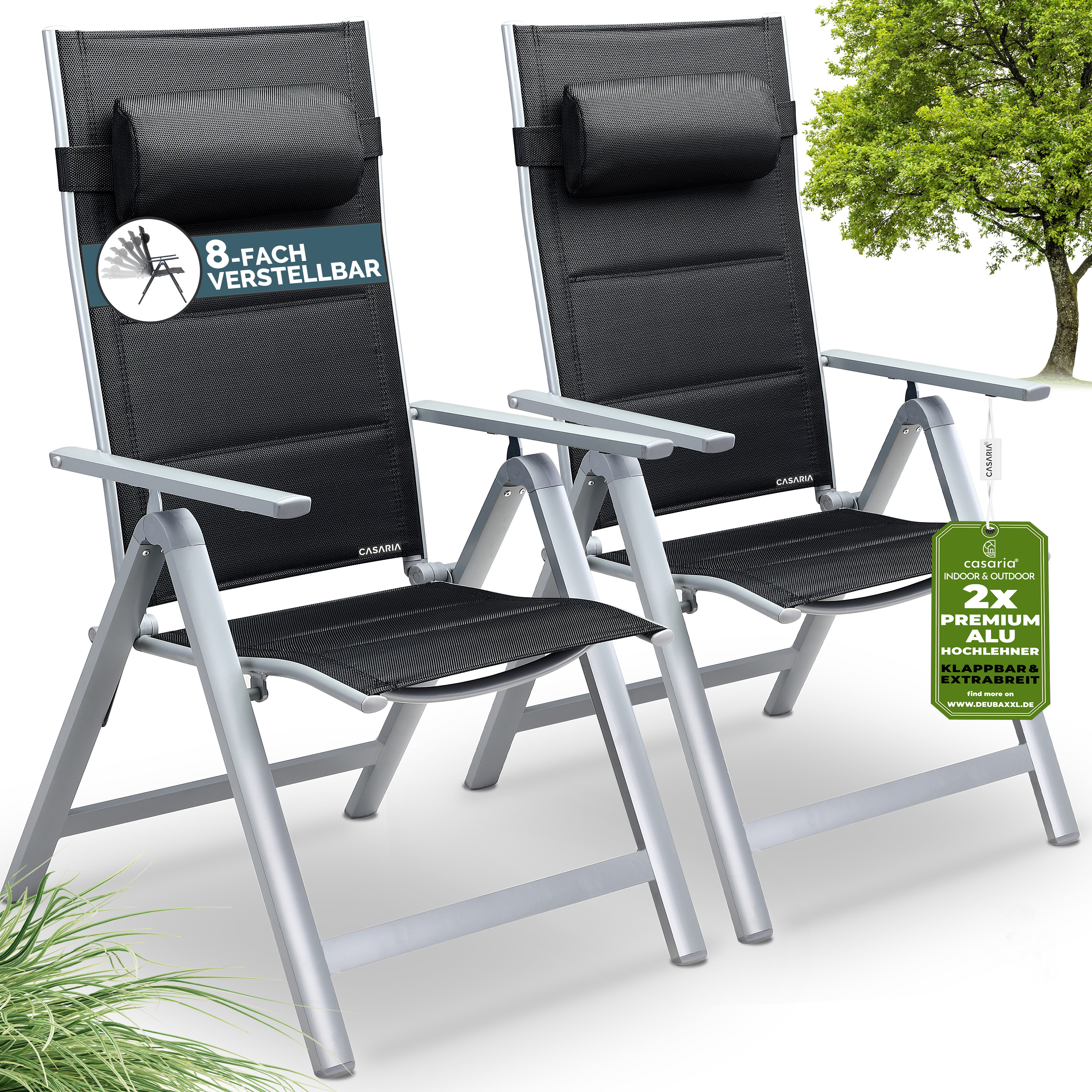 Gartenstuhl Hochlehner klappbar Bern Premium 2er-Set Silber Alu gepolstert & verstellbar – Bild 2