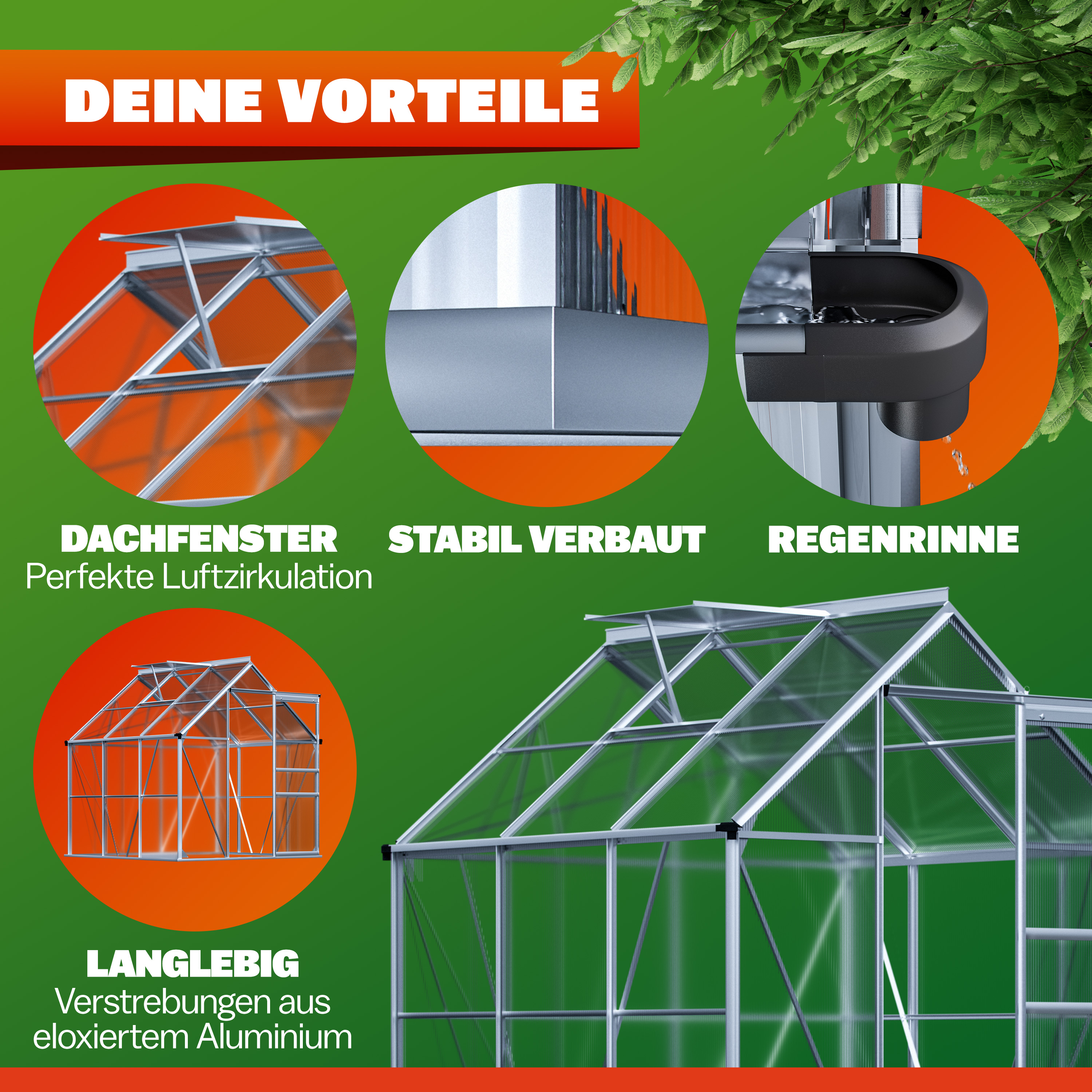 Alu Gewächshaus 190x190x195cm mit Dachfenster – Bild 2