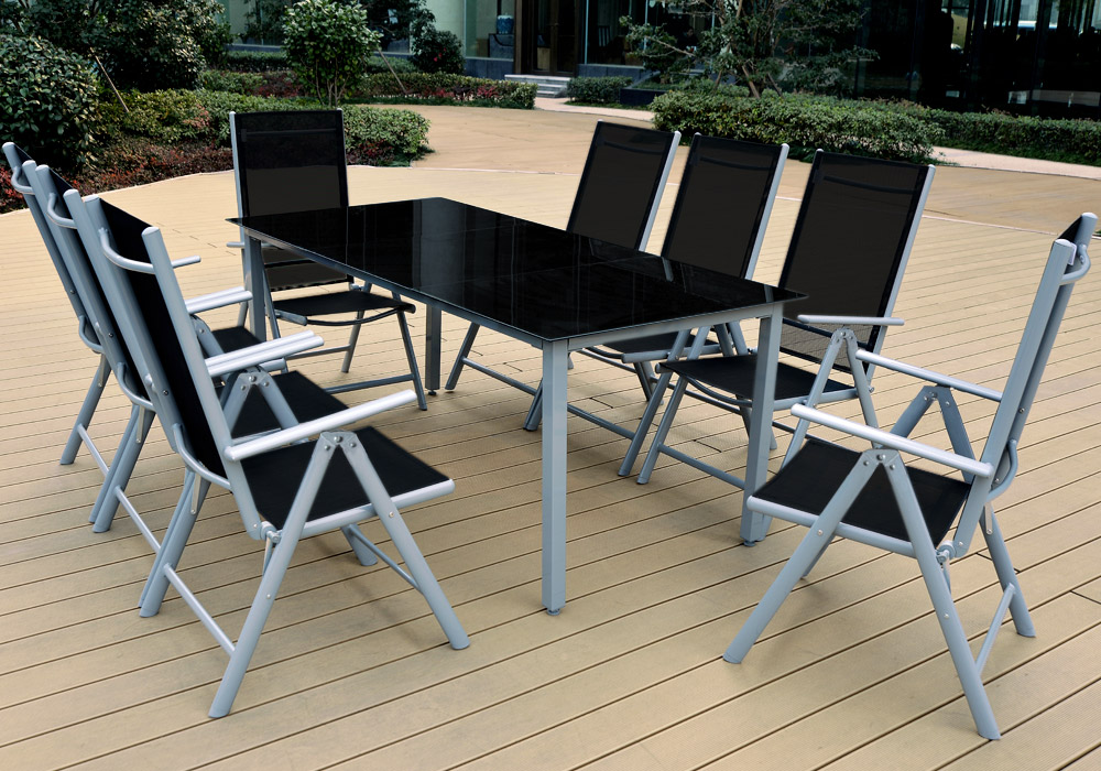 Gartensitzgruppe Bern 9-tlg 8 Personen Silber Alu Schwarz Glas – Bild 2