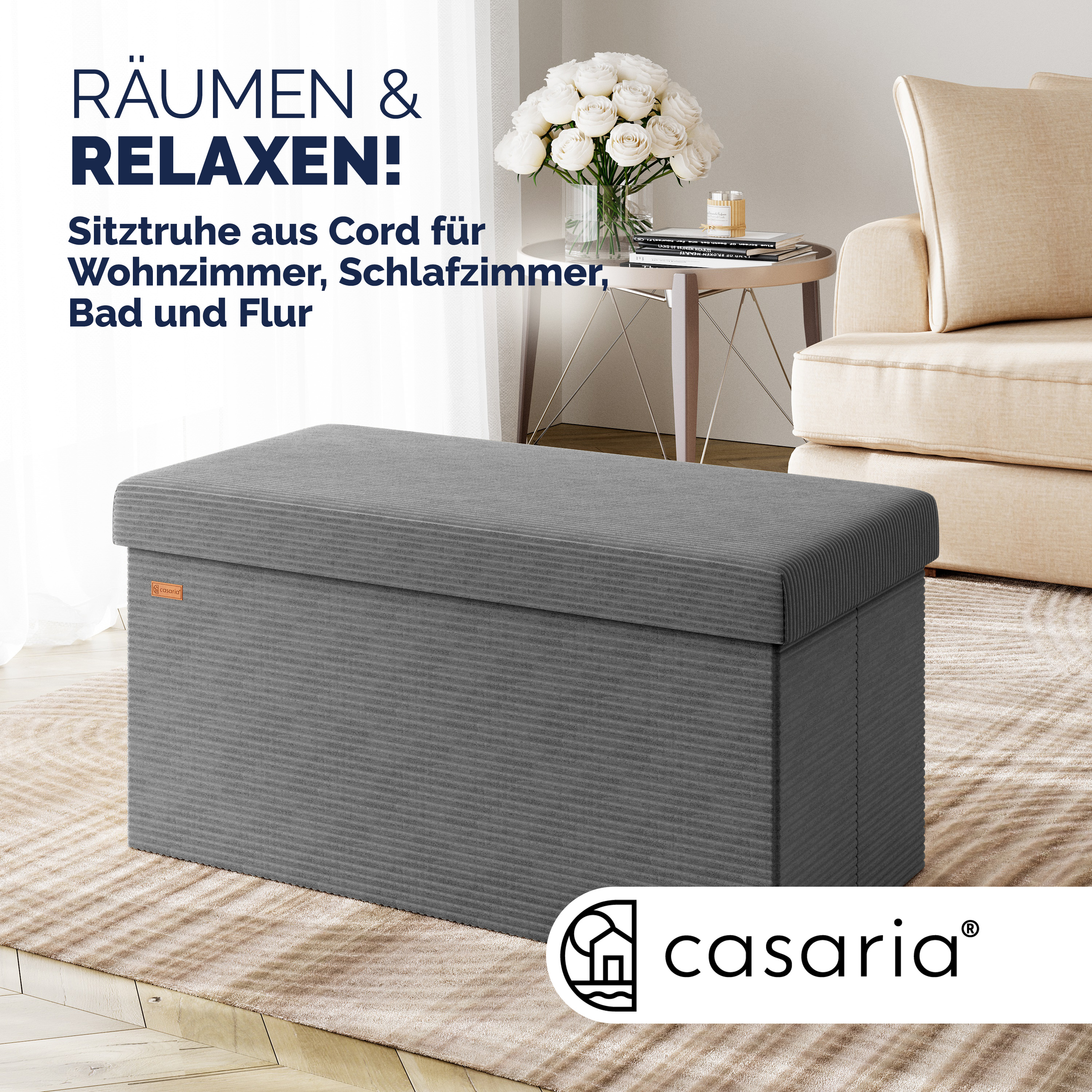 Sitzbank Anthrazit Cord 76x38x38cm MDF faltbar – Bild 2