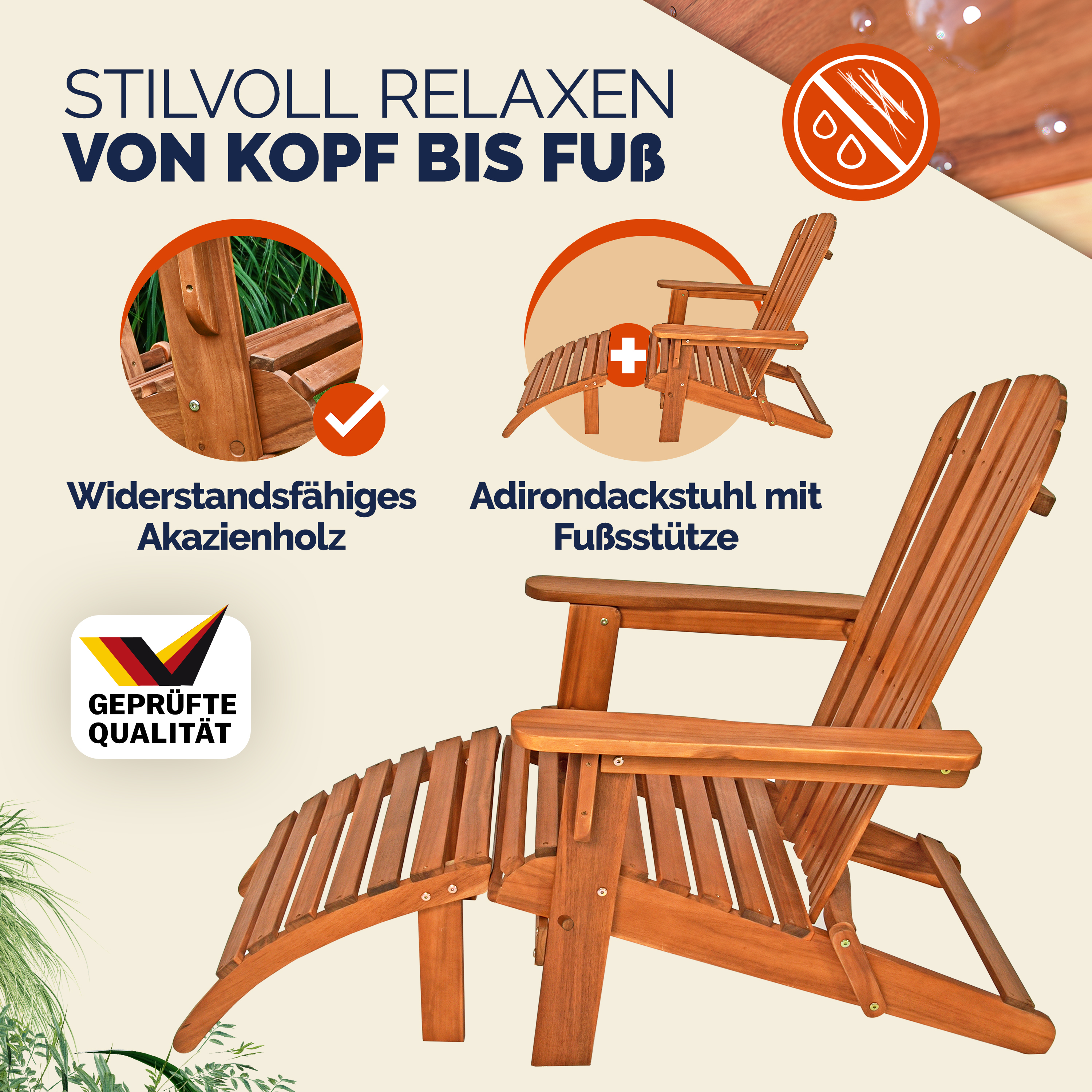 Sonnenstuhl Adirondack Akazienholz inkl Fußstütze – Bild 2