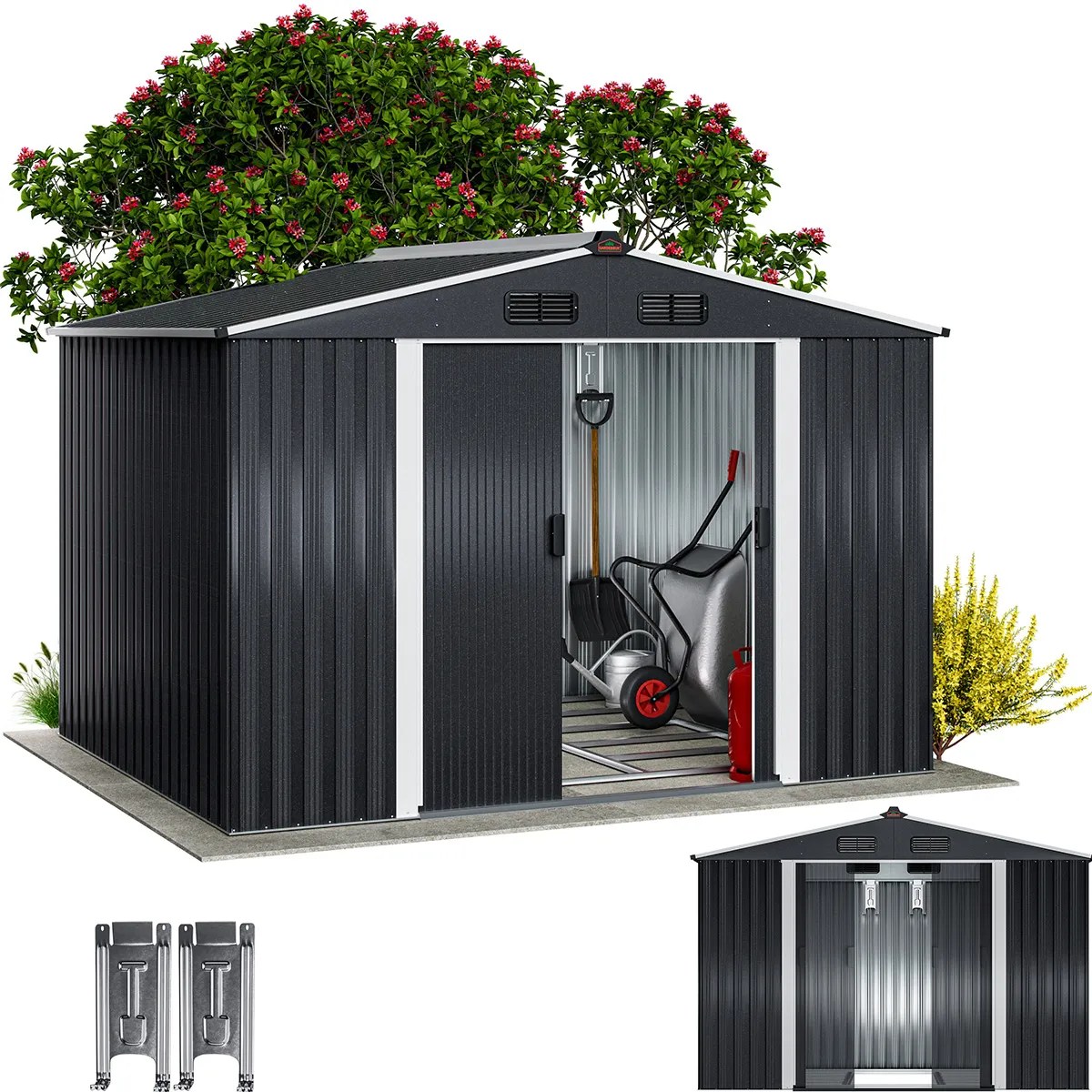 Geräteschuppen Anthrazit-Metallic 260x205x180 verzinkt wetterfest mit Fundament und Haken Geräteschuppen Anthrazit-Metallic 260x205x180 verzinkt wetterfest mit Fundament und Haken