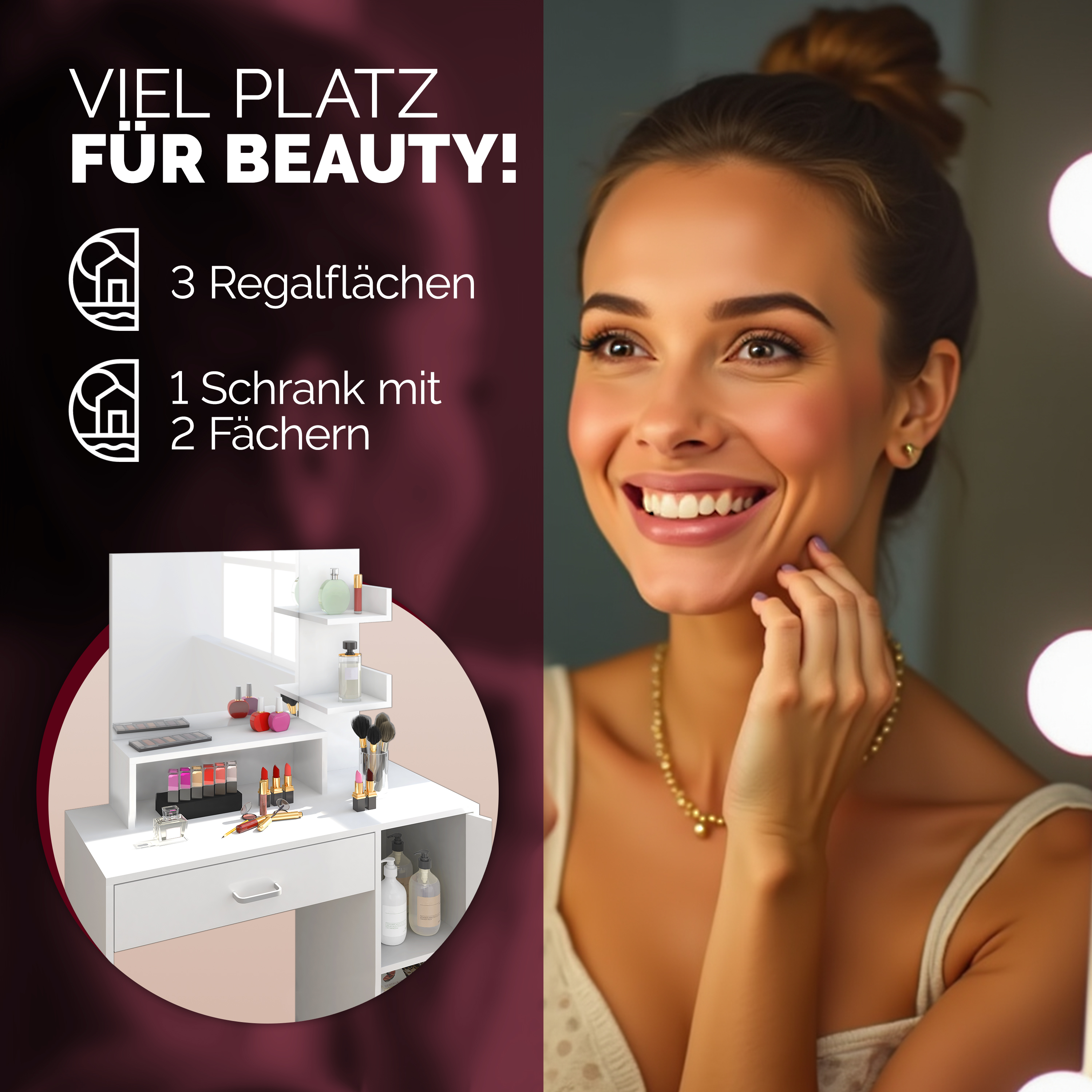 Schminktisch Jocelyn Weiß 140x90x40cm – Bild 2