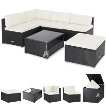 Polyrattan Ecklounge Schwarz/Creme mit Polyrattan Auflagenbox Schwarz Polyrattan Ecklounge Schwarz/Creme mit Polyrattan Auflagenbox Schwarz